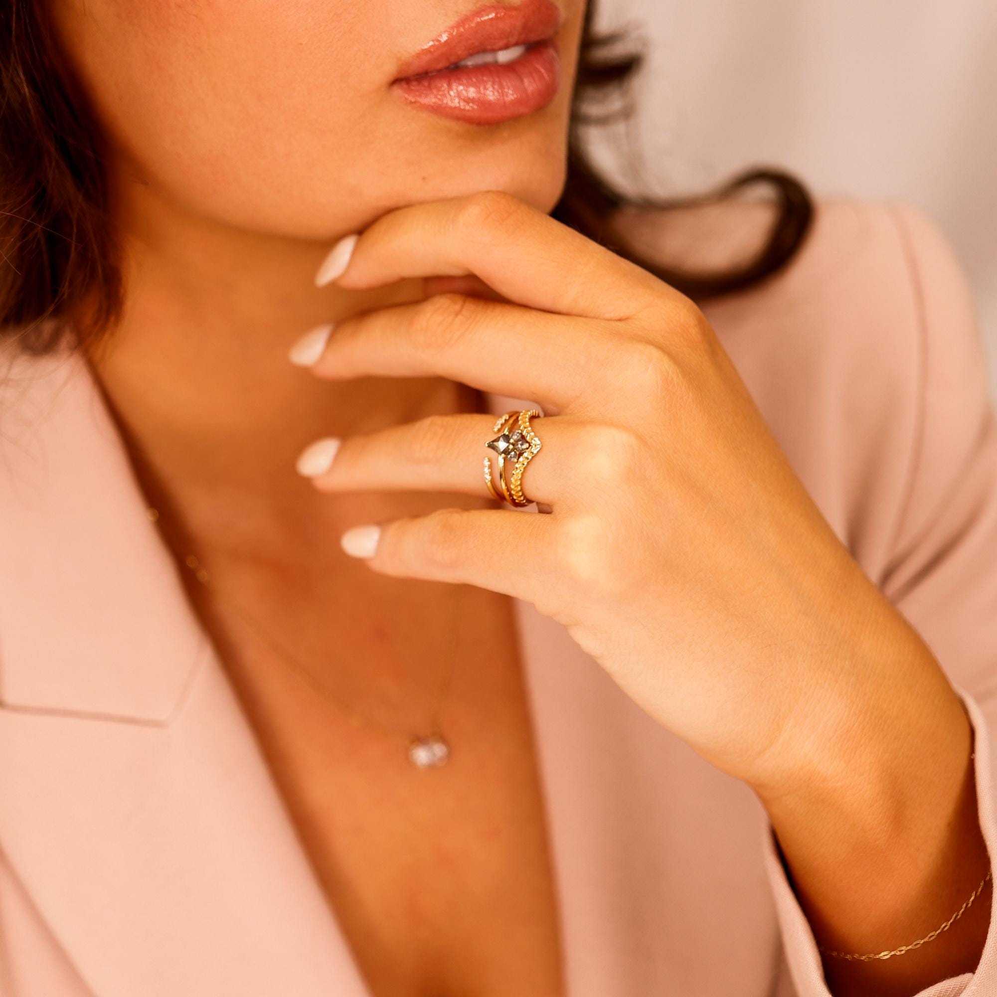 Rose Cut Kite Shape Salt and Pepper Diamond Ring in 14k Yellow Gold - Melt'm Jewelry
