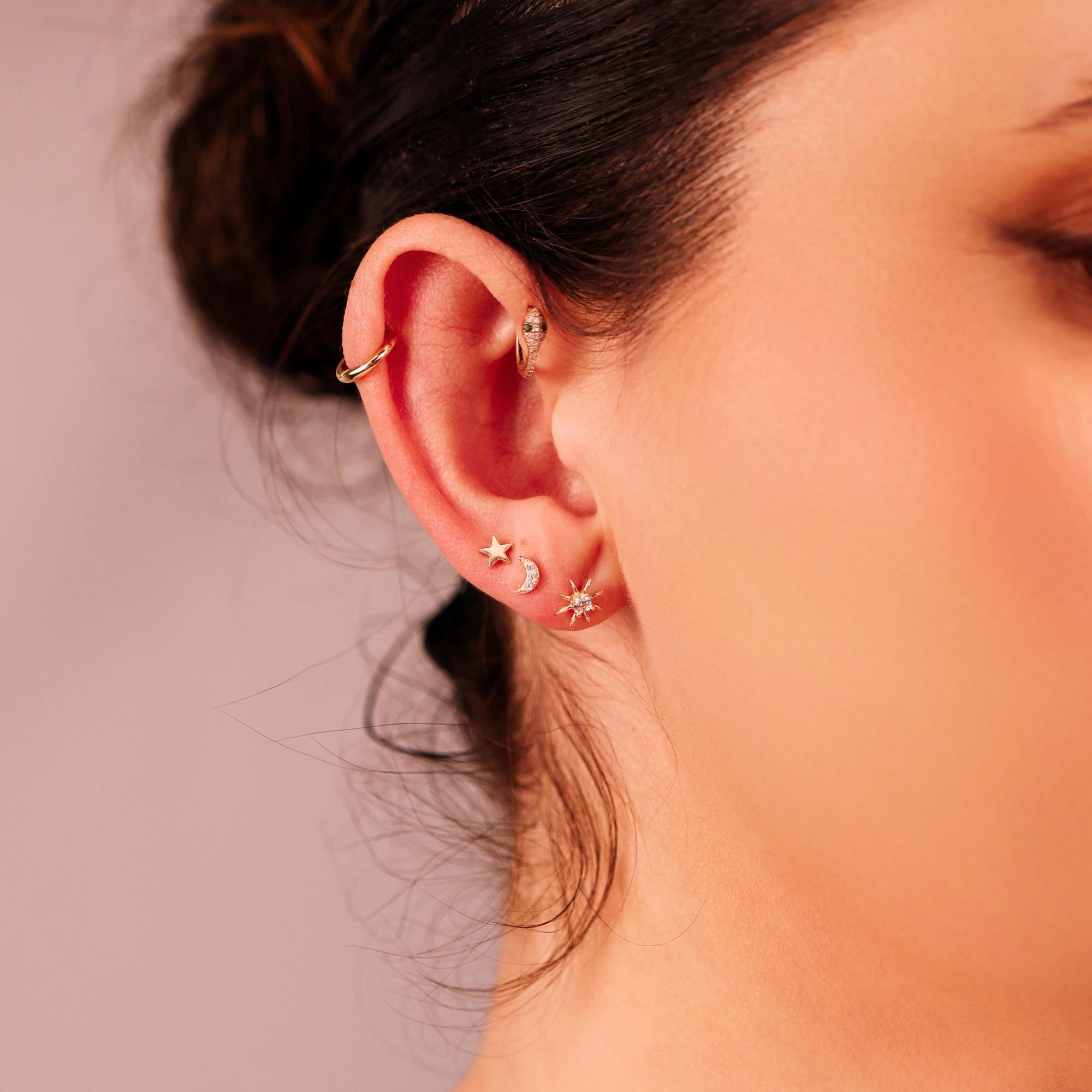 CZ Simulated Diamonds Moon Earrings 14k Solid Gold, Internally Threaded Flat Back Earrings - Melt'm Jewelry