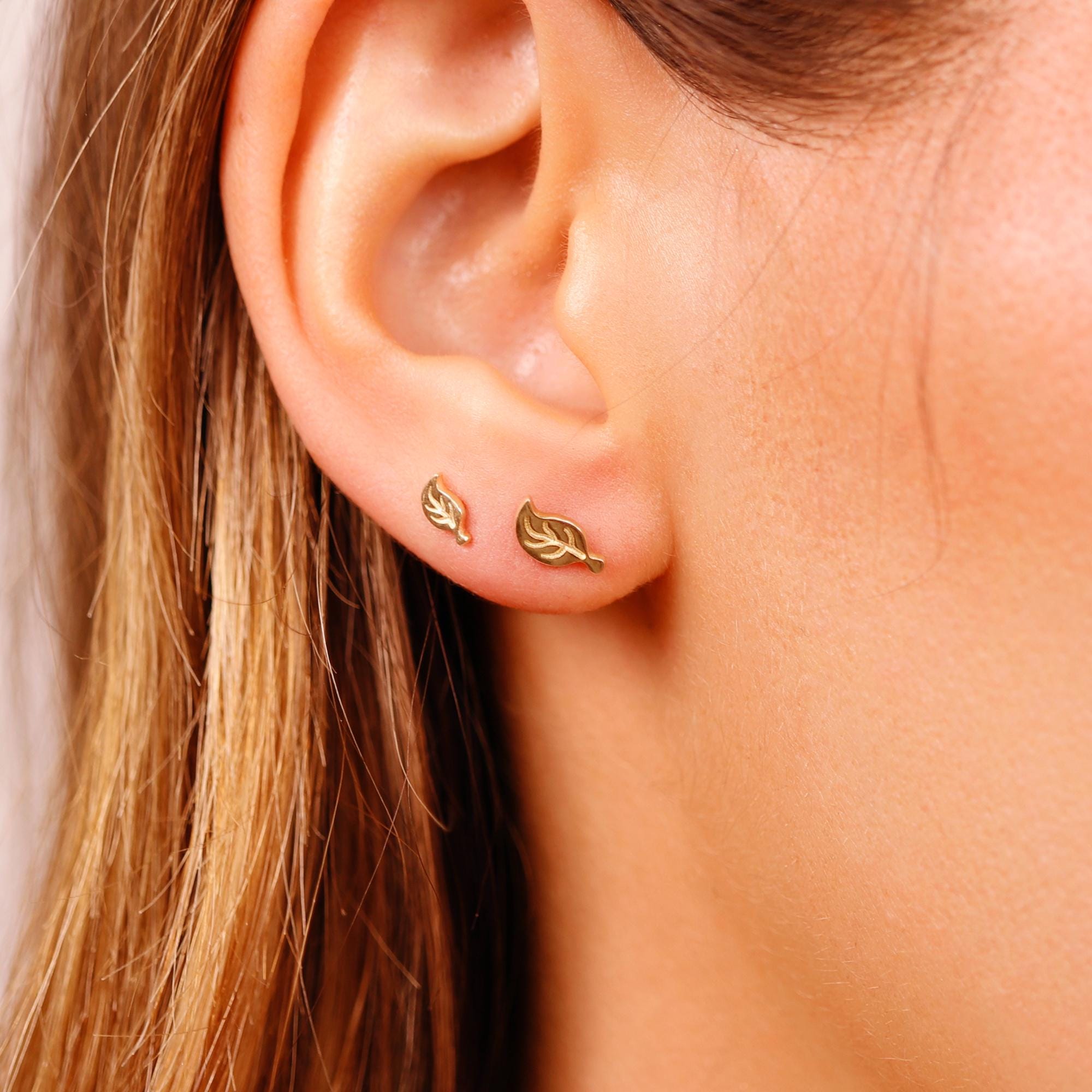 Leaf Flat Back Earrings 14k Solid Gold, Nature Stack Earrings - Melt'm Jewelry
