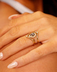 Pear Salt and Pepper Diamond Ring 14k Gold – Rose Cut Black Diamond Halo Ring, Unique Engagement Ring, Anniversary Gift - Melt'm Jewelry