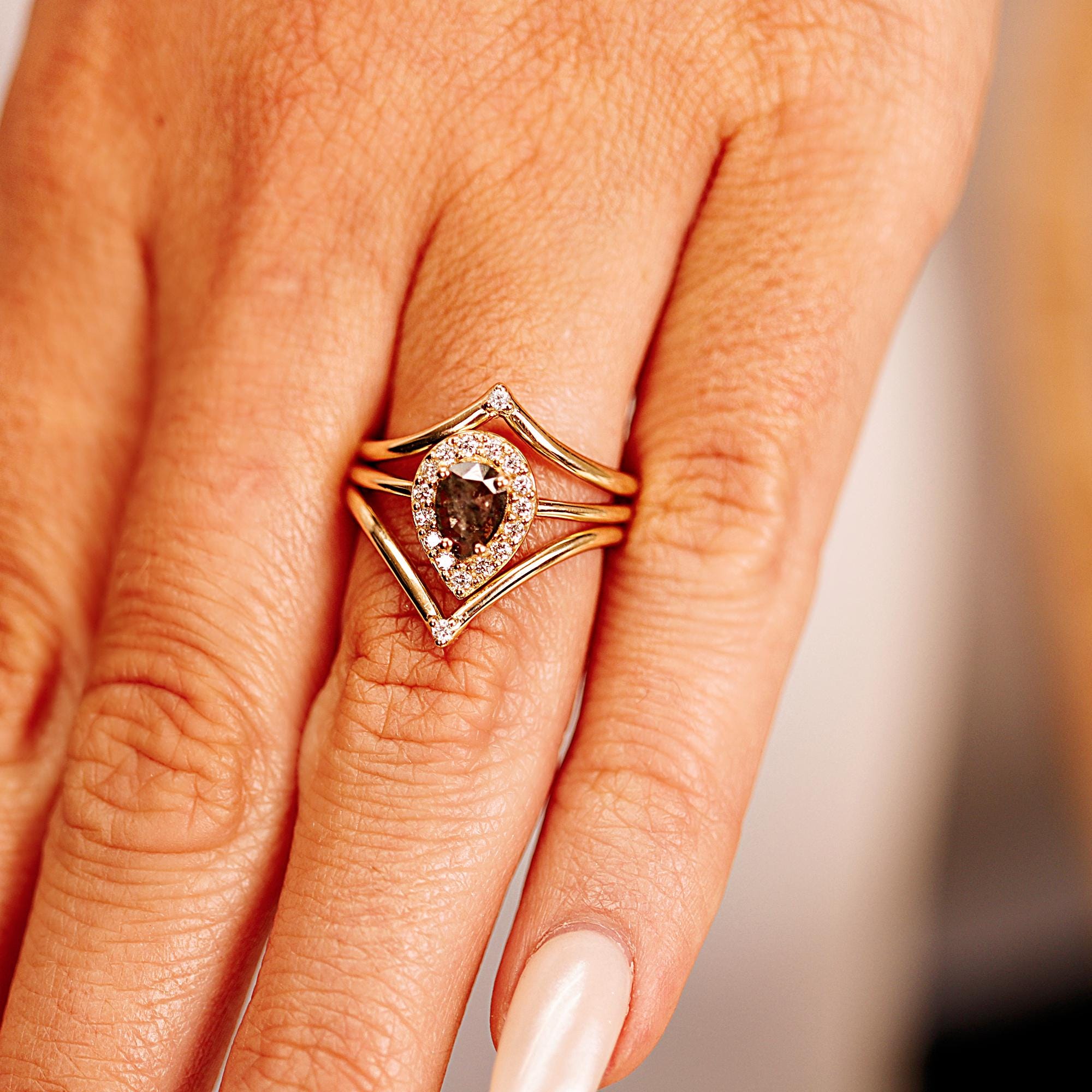 Pear Salt and Pepper Diamond Ring 14k Gold – Rose Cut Black Diamond Halo Ring, Unique Engagement Ring, Anniversary Gift - Melt'm Jewelry