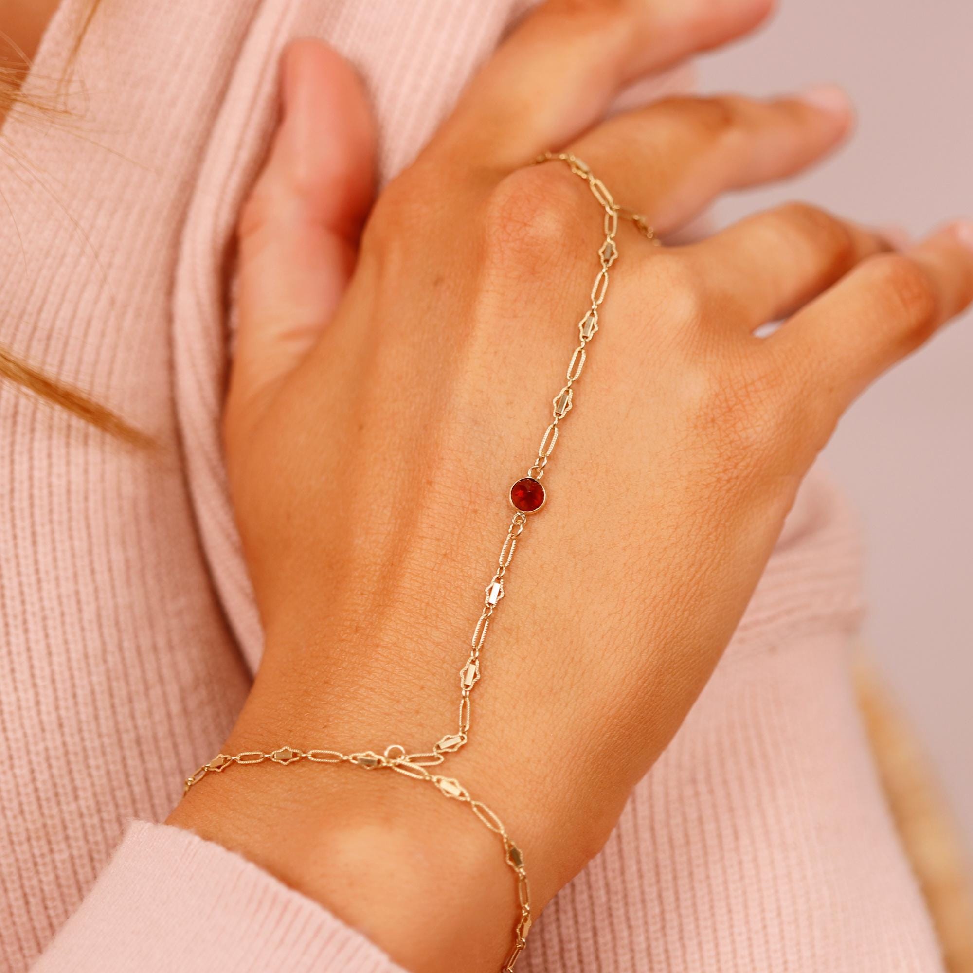 Gold Slave Bracelet, Garnet Hand Chain Bracelet, Round Garnet Hand Ring, Gold Handlet Bracelet, Gemstone Hand Chain, Gift for Her