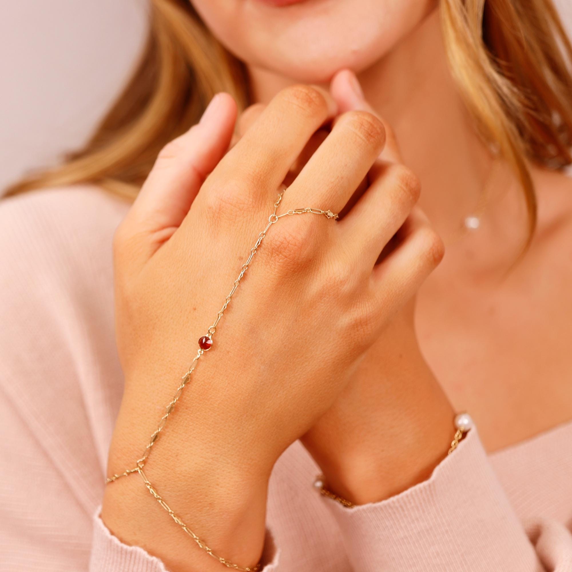 Gold Slave Bracelet, Garnet Hand Chain Bracelet, Round Garnet Hand Ring, Gold Handlet Bracelet, Gemstone Hand Chain, Gift for Her