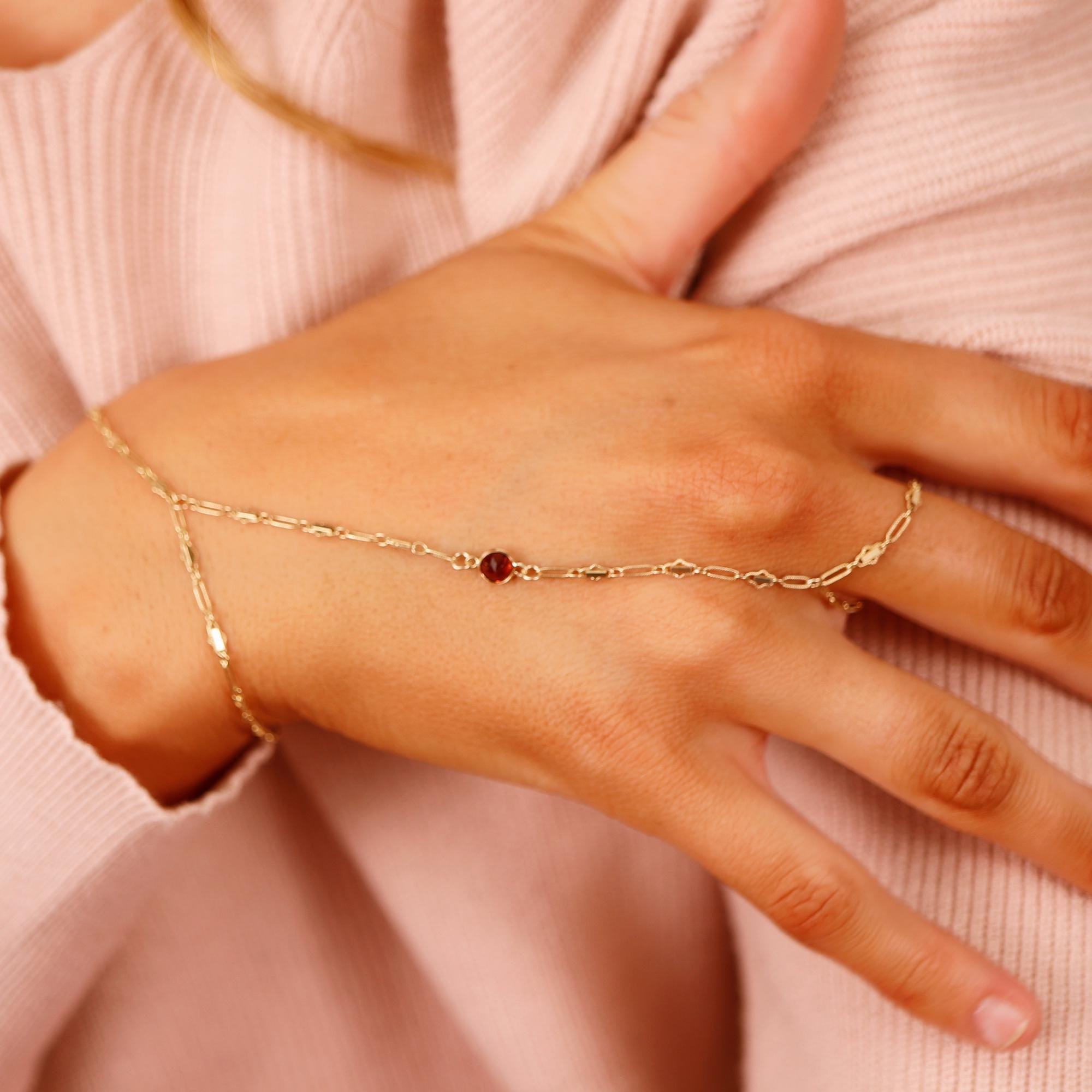 Gold Slave Bracelet, Garnet Hand Chain Bracelet, Round Garnet Hand Ring, Gold Handlet Bracelet, Gemstone Hand Chain, Gift for Her