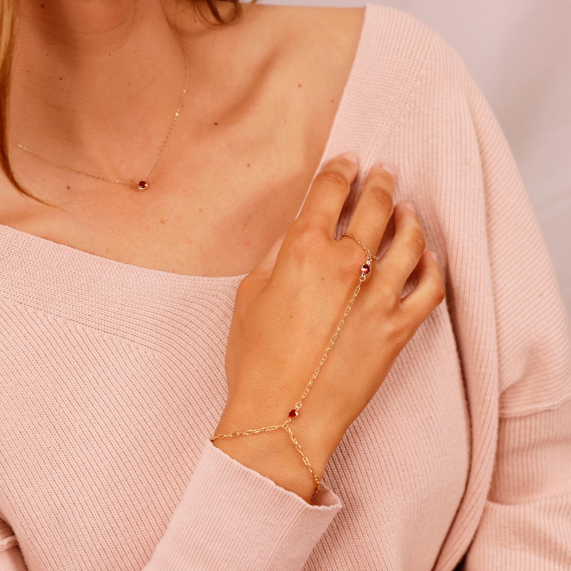 Gold Slave Bracelet, Garnet Hand Chain Bracelet, Double Round Garnet Hand Ring, Gold Handlet Bracelet, Gemstone Hand Chain, Gift for Her