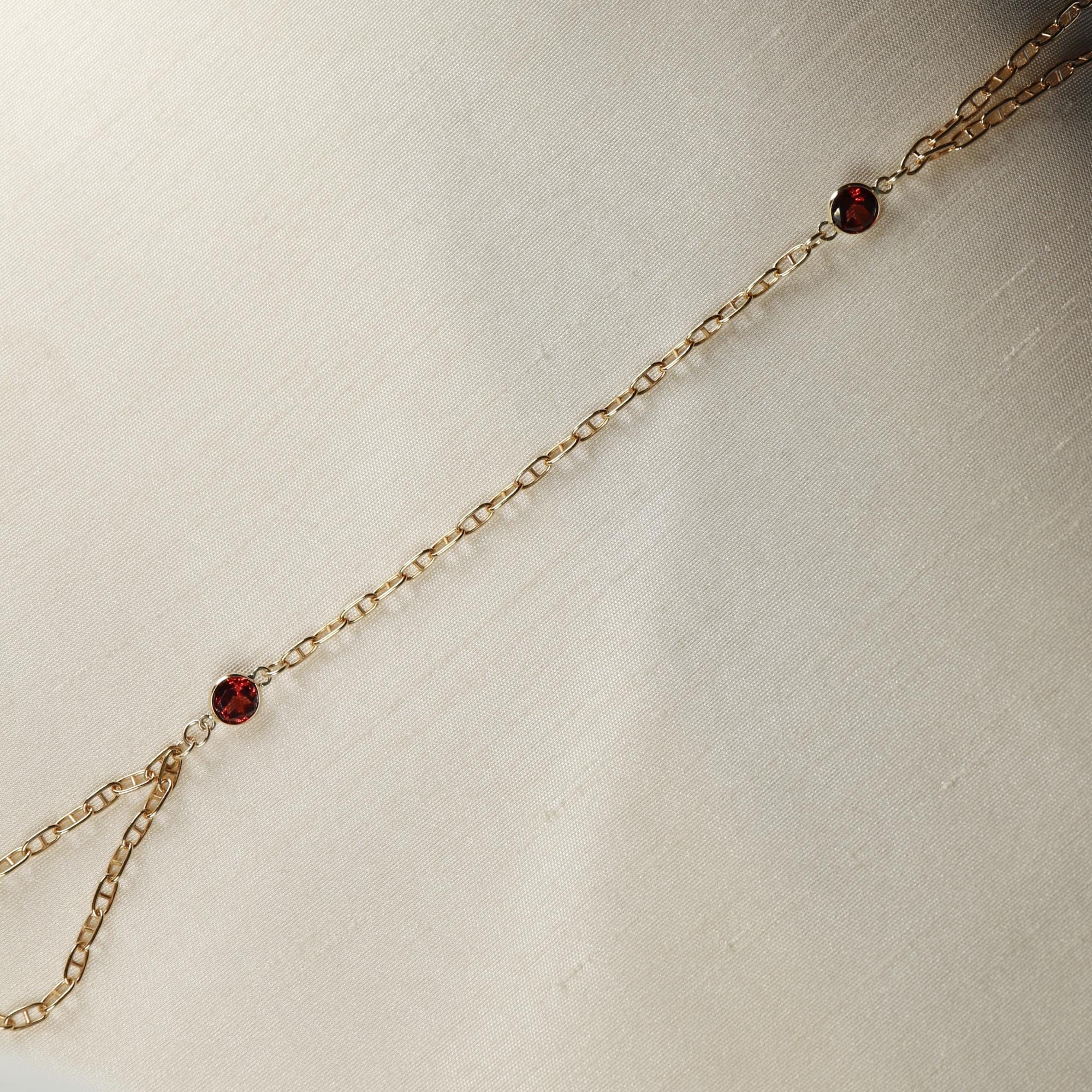 Gold Slave Bracelet, Garnet Hand Chain Bracelet, Double Round Garnet Hand Ring, Gold Handlet Bracelet, Gemstone Hand Chain, Gift for Her