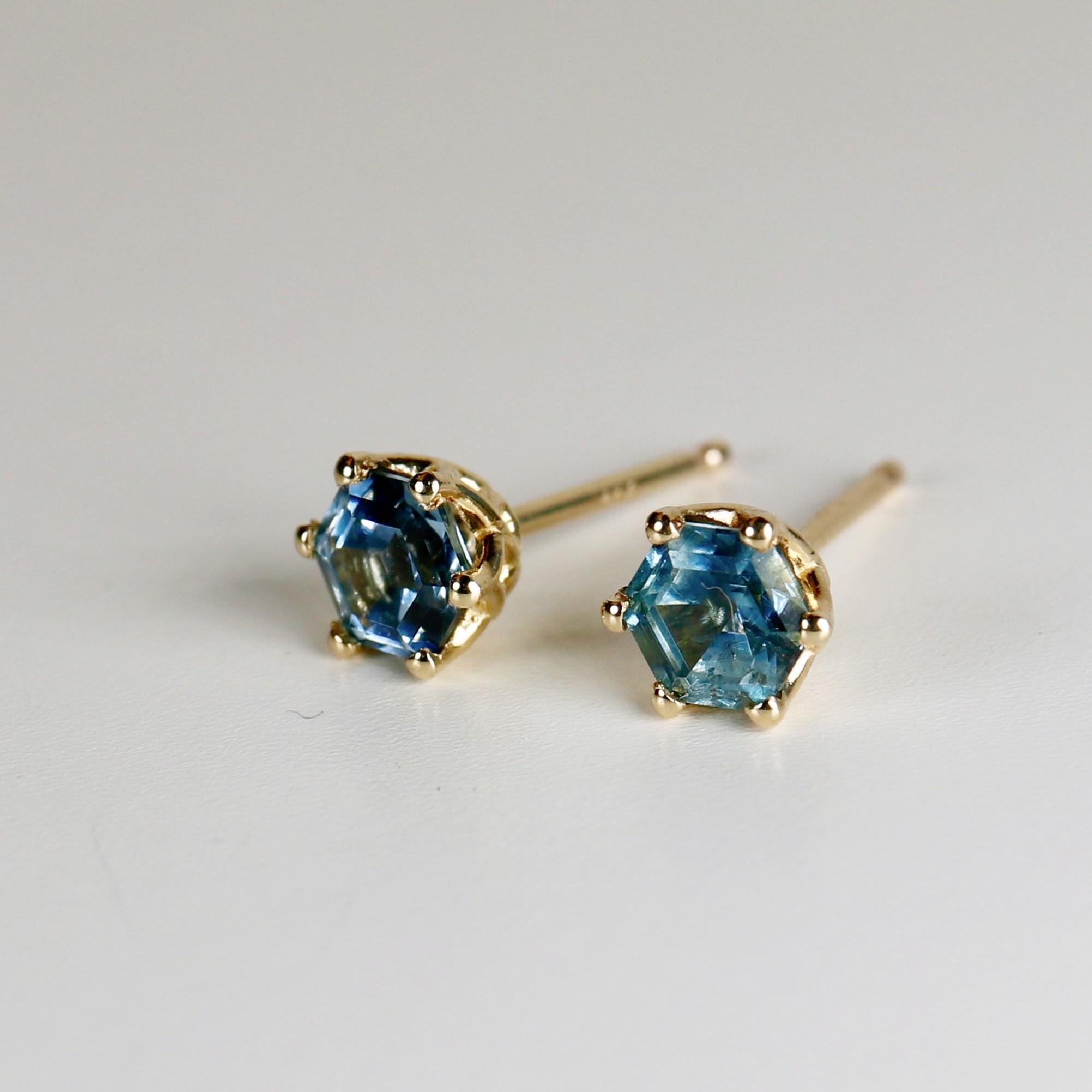 Hexagon Montana Sapphire Earrings 14k Gold, Solid Gold Sapphire Stud Earrings, Montana Sapphire Bridal Earrings, Wedding Jewelry