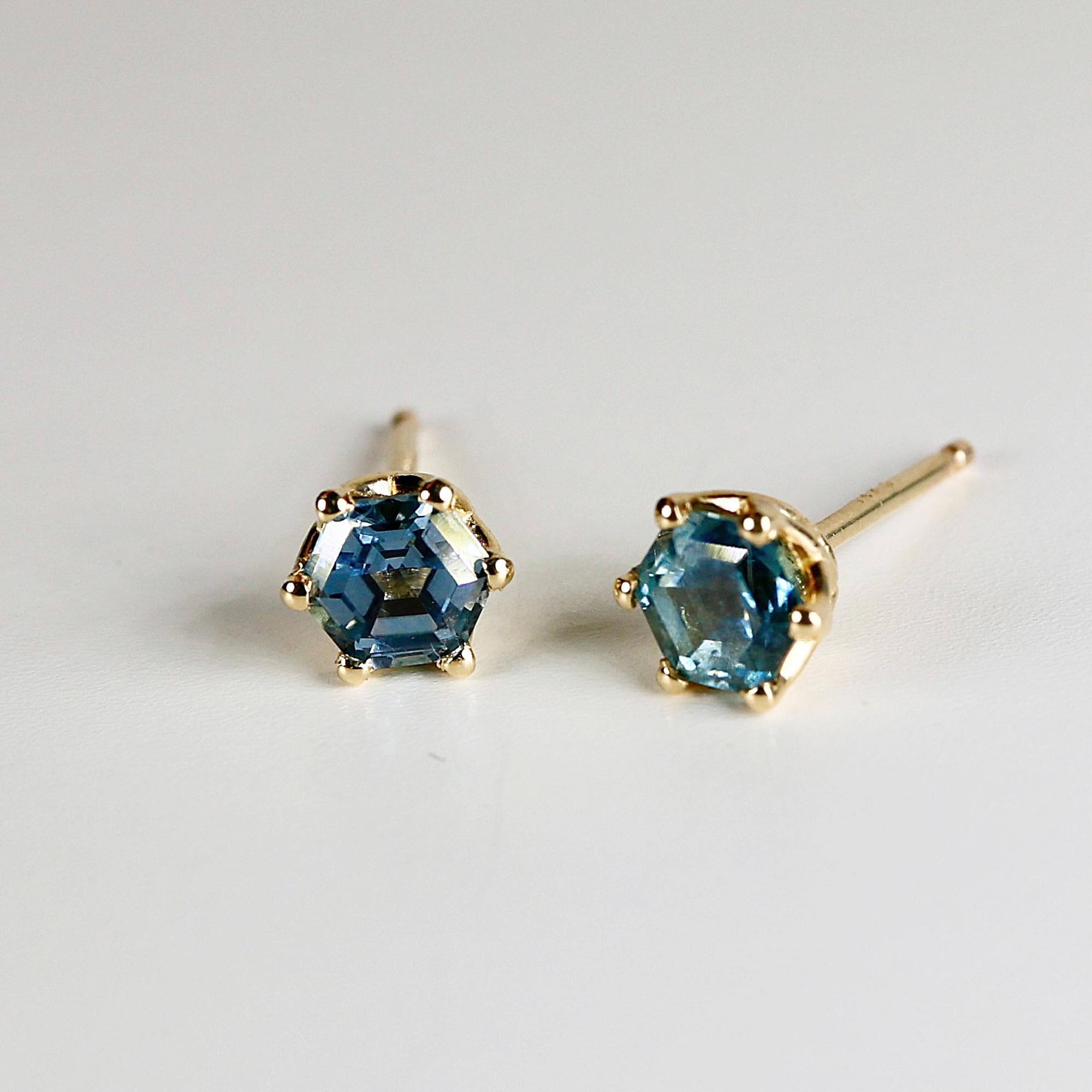 Hexagon Montana Sapphire Earrings 14k Gold, Solid Gold Sapphire Stud Earrings, Montana Sapphire Bridal Earrings, Wedding Jewelry