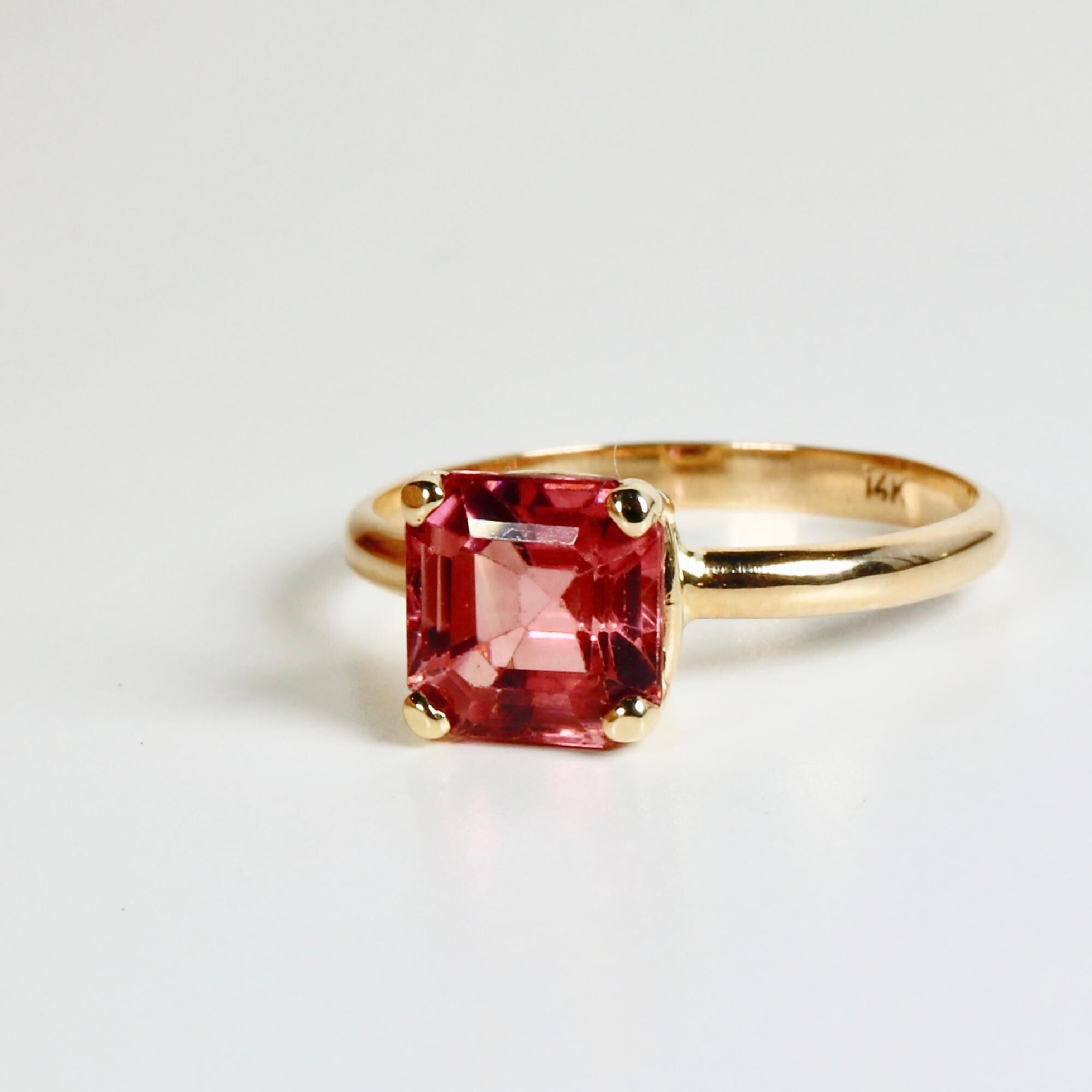 Pink Tourmaline Ring 14k Gold, Asscher Cut Tourmaline Engagement Ring, Handmade Square Tourmaline Ring, October Birthstone