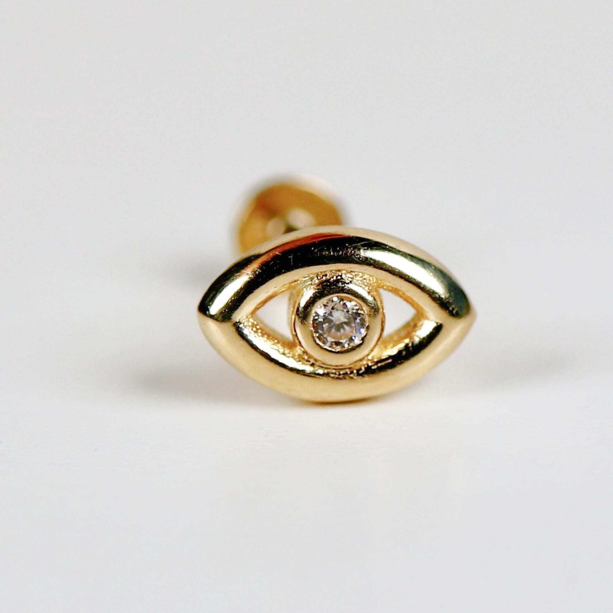 Evil Eye Flat Back Earrings 14k Solid Gold, Luck Symbol Stack Earrings