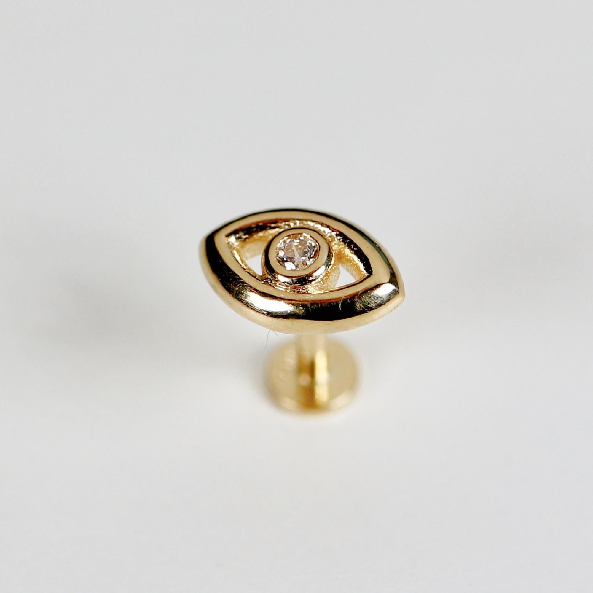 Evil Eye Flat Back Earrings 14k Solid Gold, Luck Symbol Stack Earrings