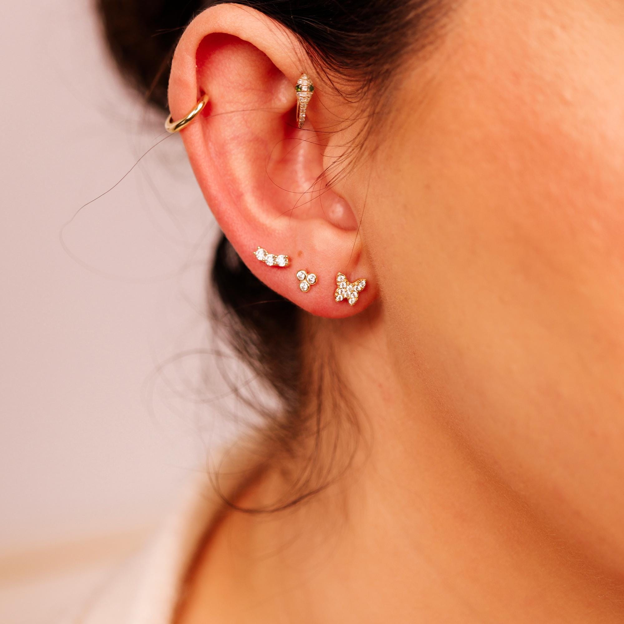 Three Stone Bar Ear Piercing 14k Solid Gold, Flat Back Earrings (SINGLE or PAIR) - Melt'm Jewelry