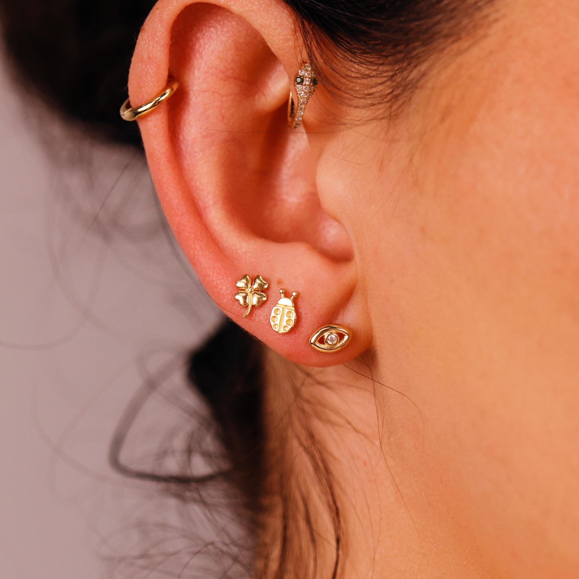 Four Leaf Clover Flat Back Stud 14k Solid Gold, Luck Symbol Stack Earrings - Melt'm Jewelry