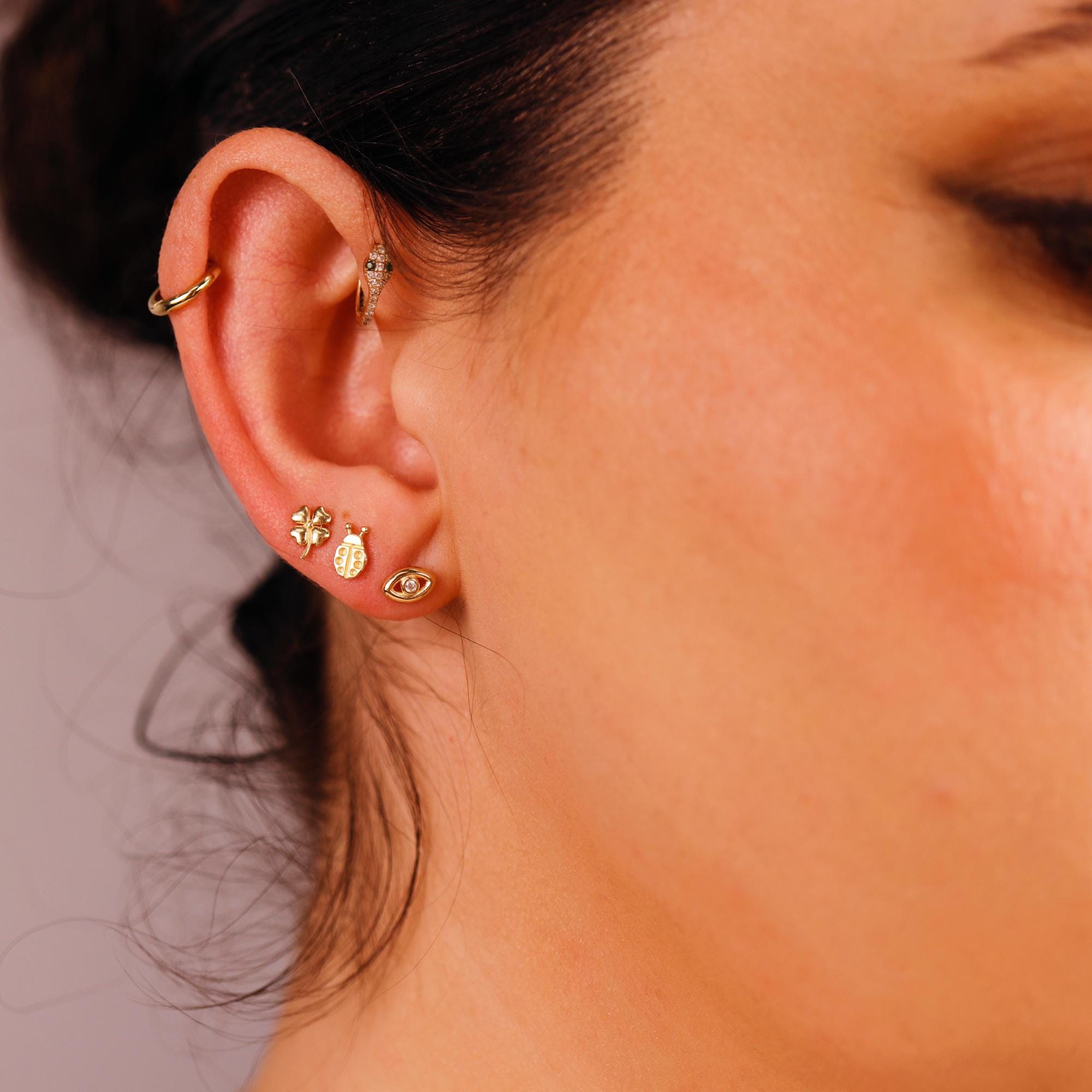 Evil Eye Flat Back Earrings 14k Solid Gold, Luck Symbol Stack Earrings - Melt'm Jewelry