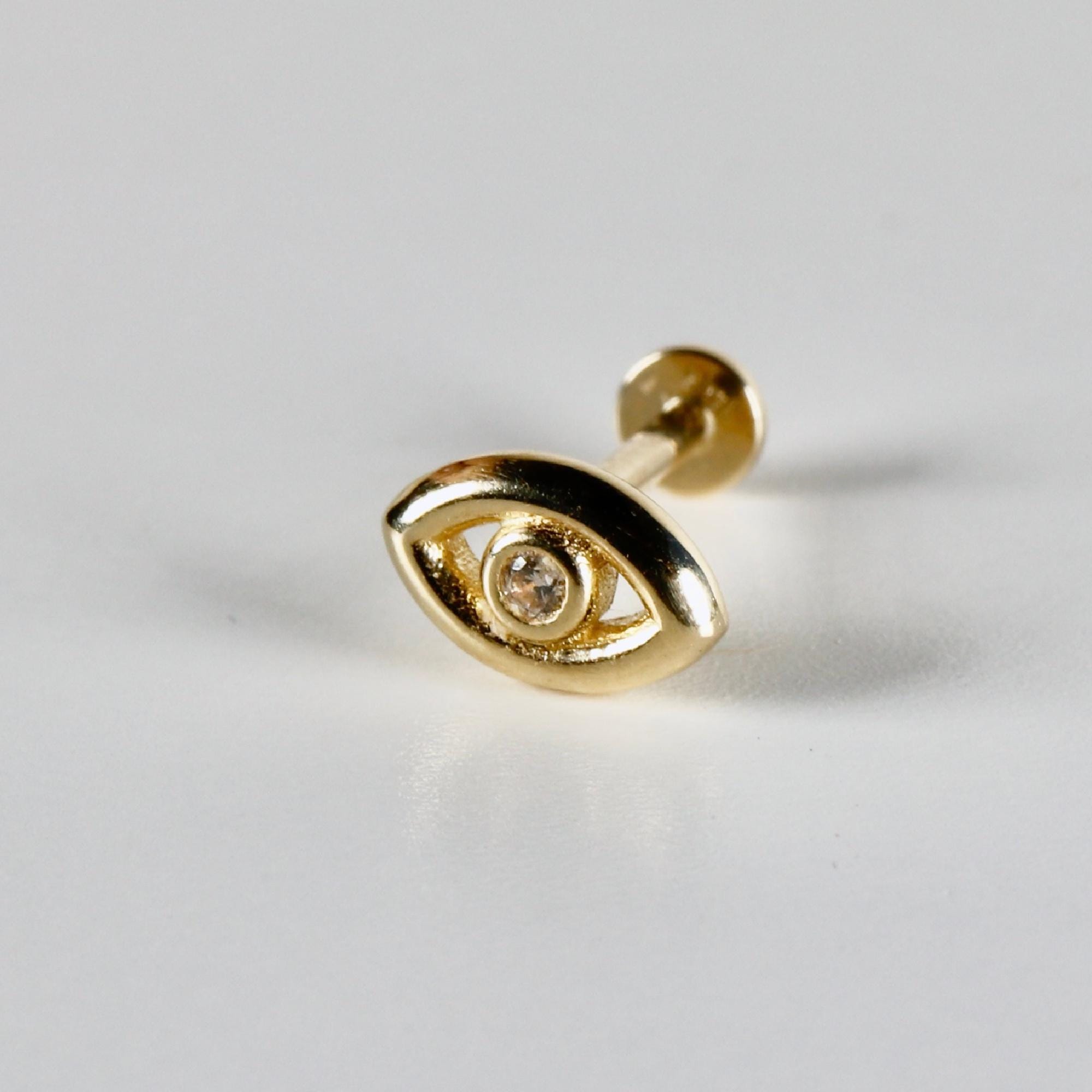 Evil Eye Flat Back Earrings 14k Solid Gold, Luck Symbol Stack Earrings - Melt'm Jewelry