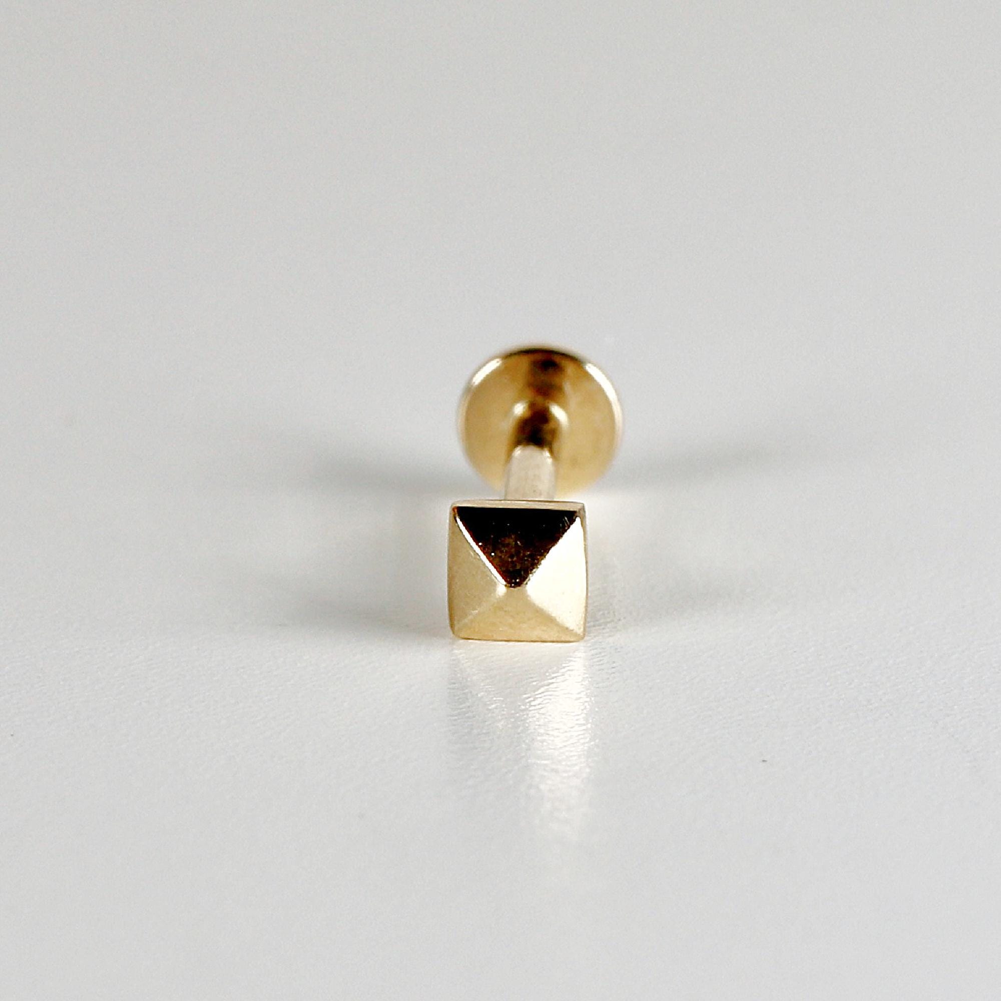 Teeny Tiny Pyramid Flat Back Earrings 14k Solid Gold, Internally Threaded Ear piercings - Melt'm Jewelry