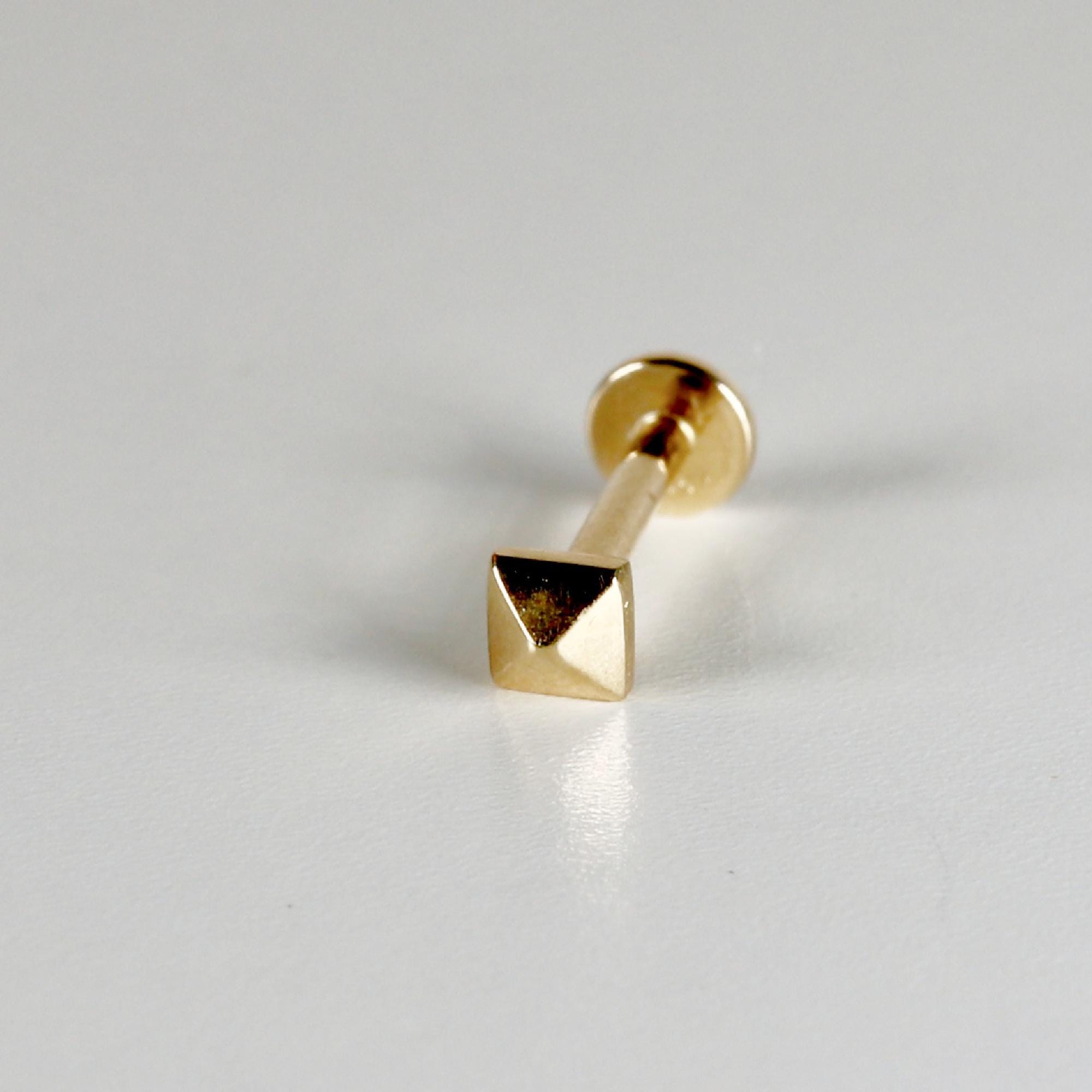 Teeny Tiny Pyramid Flat Back Earrings 14k Solid Gold, Internally Threaded Ear piercings - Melt'm Jewelry