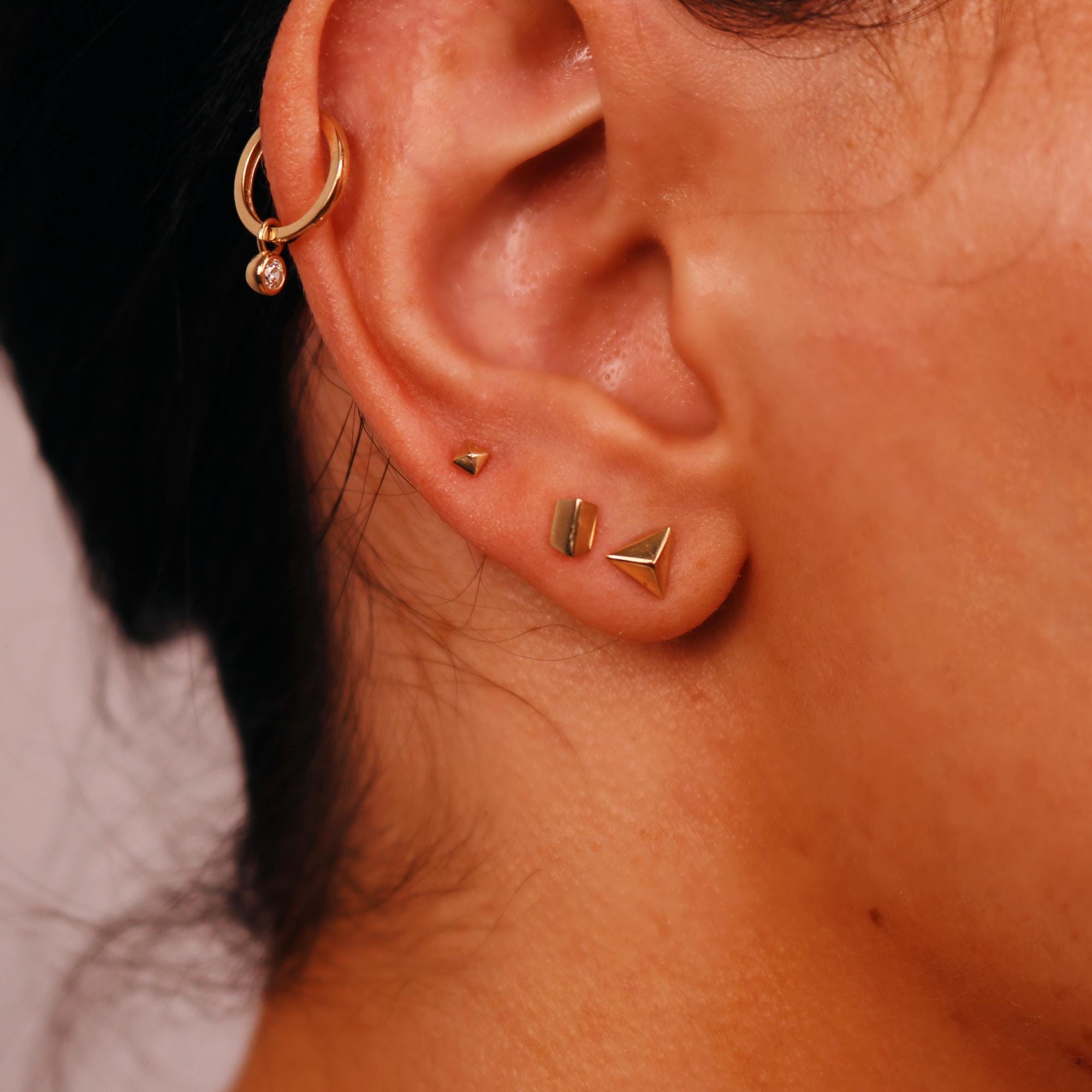 Teeny Tiny Pyramid Flat Back Earrings 14k Solid Gold, Internally Threaded Ear piercings - Melt'm Jewelry