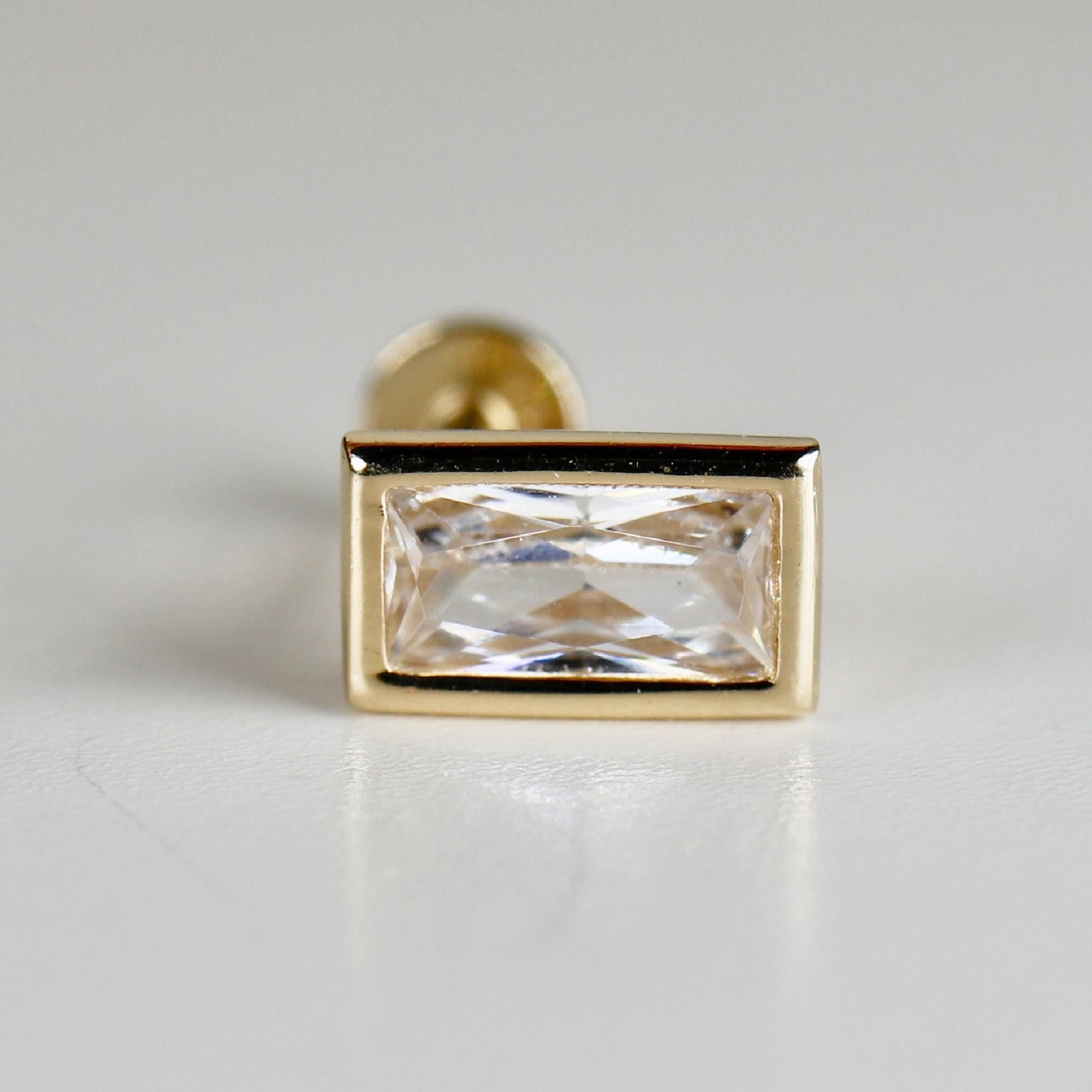 CZ Diamond Bezel Baguette Earrings 14k Solid Gold, Flat Back Internally Threaded Earrings (SINGLE) - Melt'm Jewelry