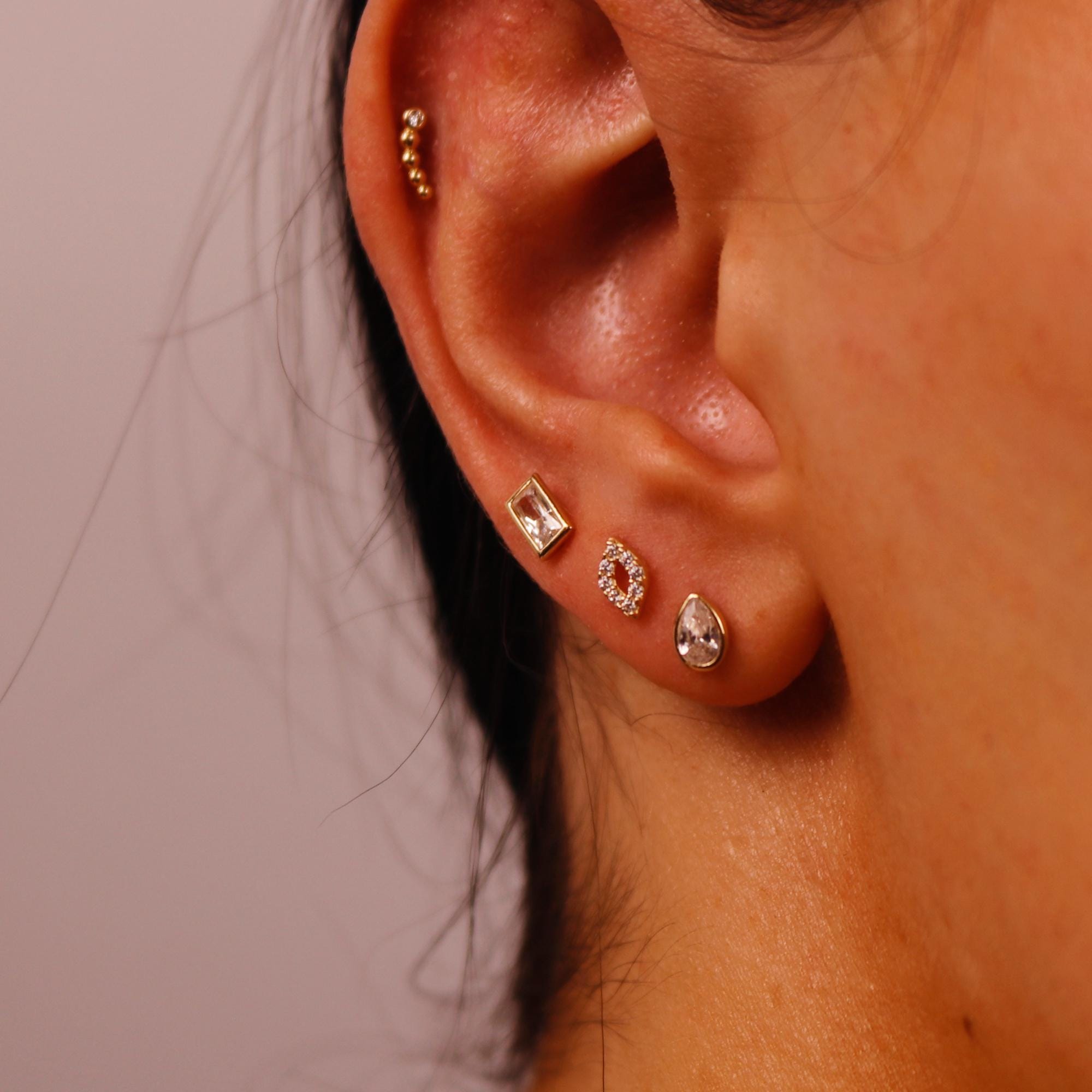 CZ Diamond Bezel Baguette Earrings 14k Solid Gold, Flat Back Internally Threaded Earrings (SINGLE) - Melt'm Jewelry