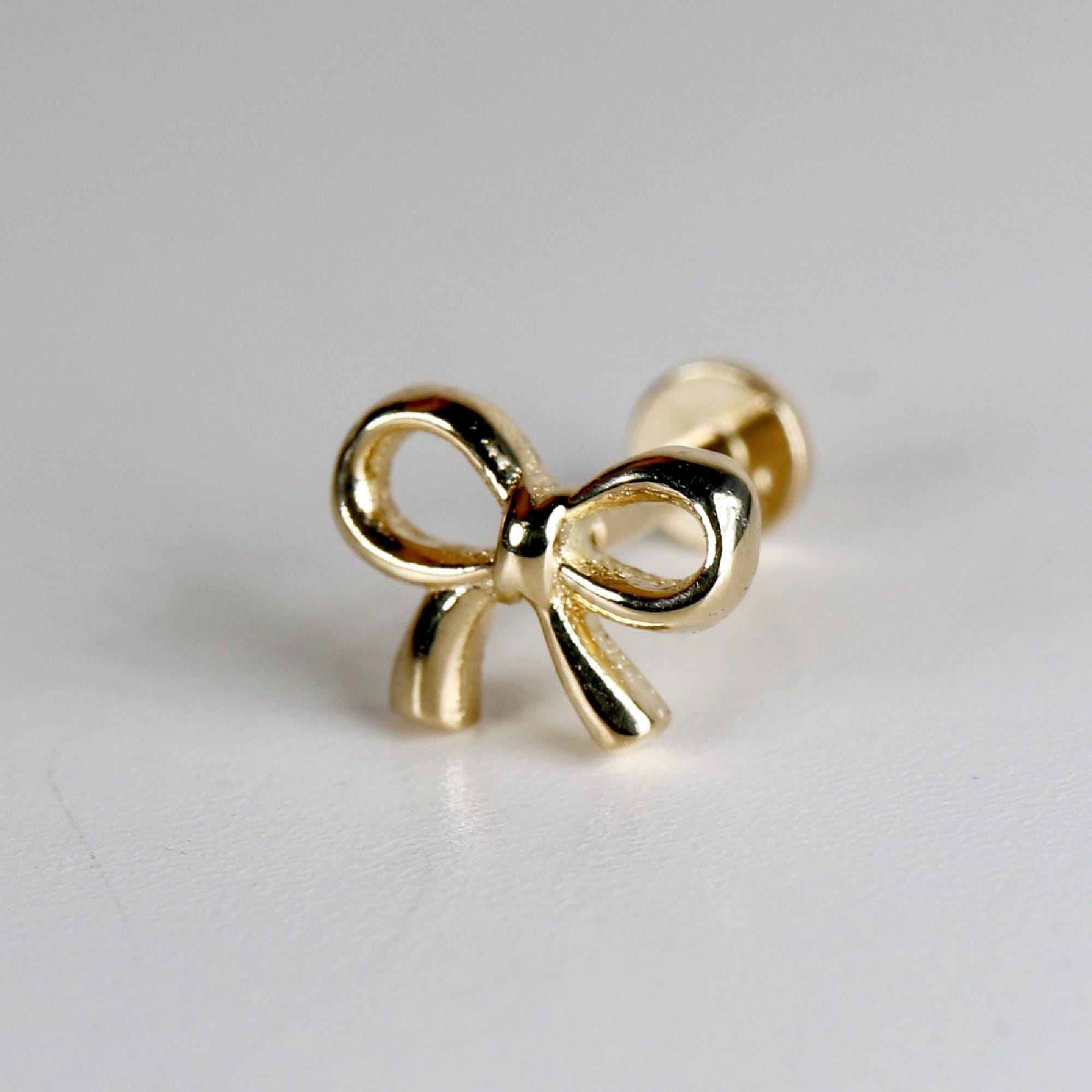Ribbon Bow Tie Internally Threaded Flat Back Earrings 14k Solid Gold - Melt'm Jewelry