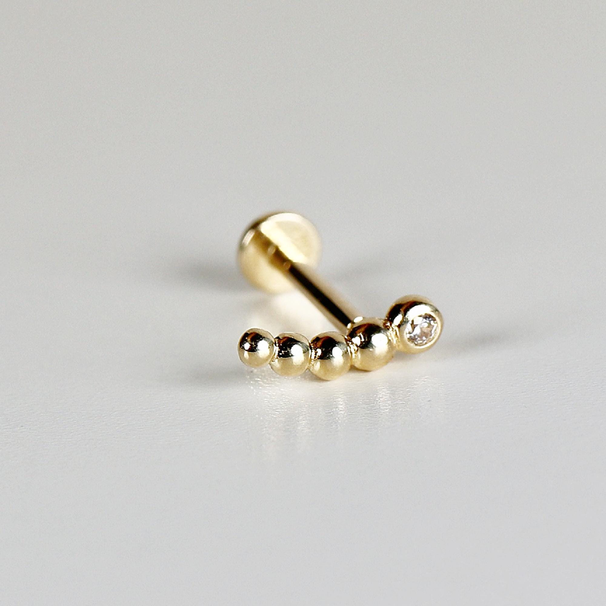 Tiny Beaded Line Internally Threaded Flat Back Earrings 14k Solid Gold - Melt'm Jewelry