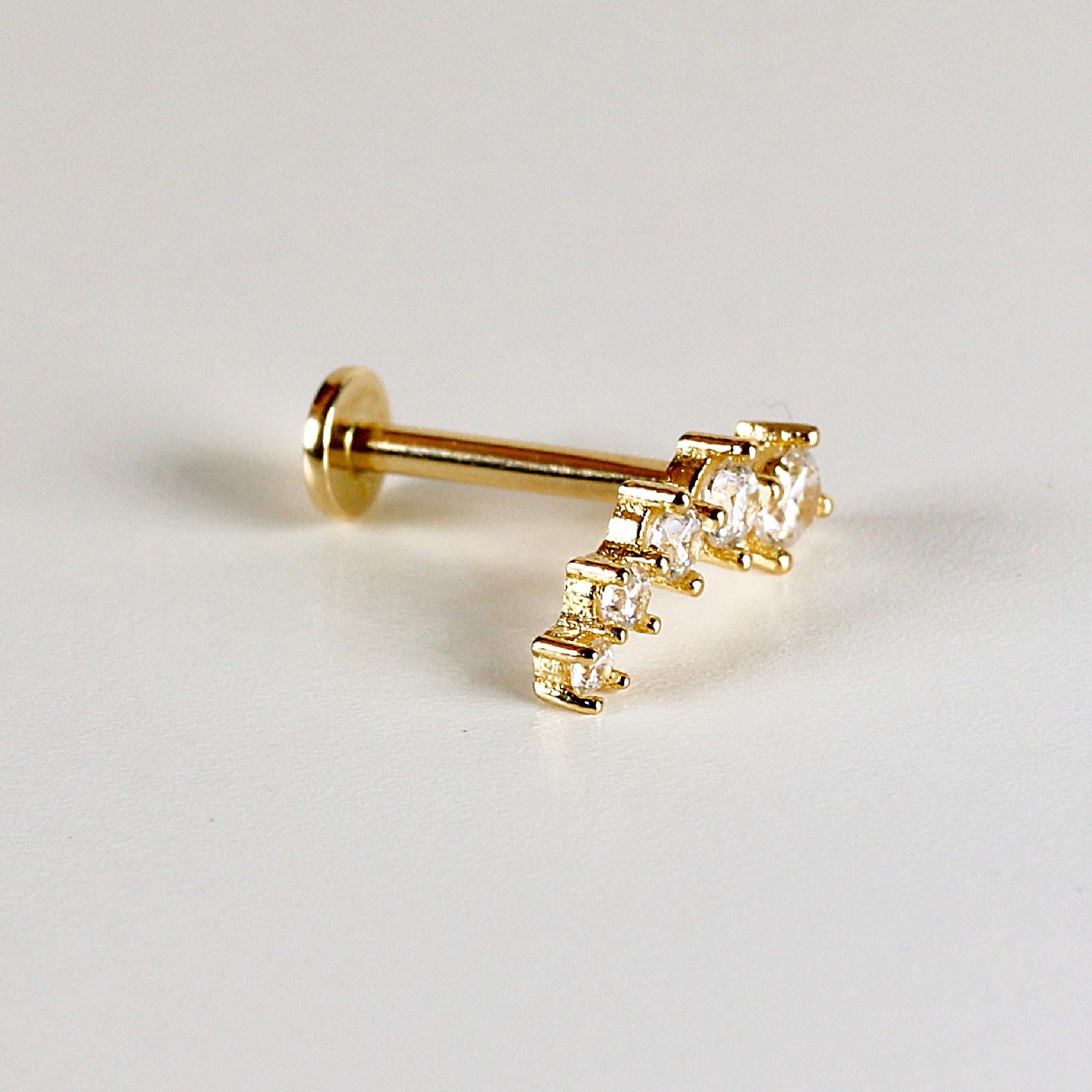 CZ Curved Bar Ear Piercing, Flat Back internally threaded labret studs (SINGLE or PAIR) - Melt'm Jewelry