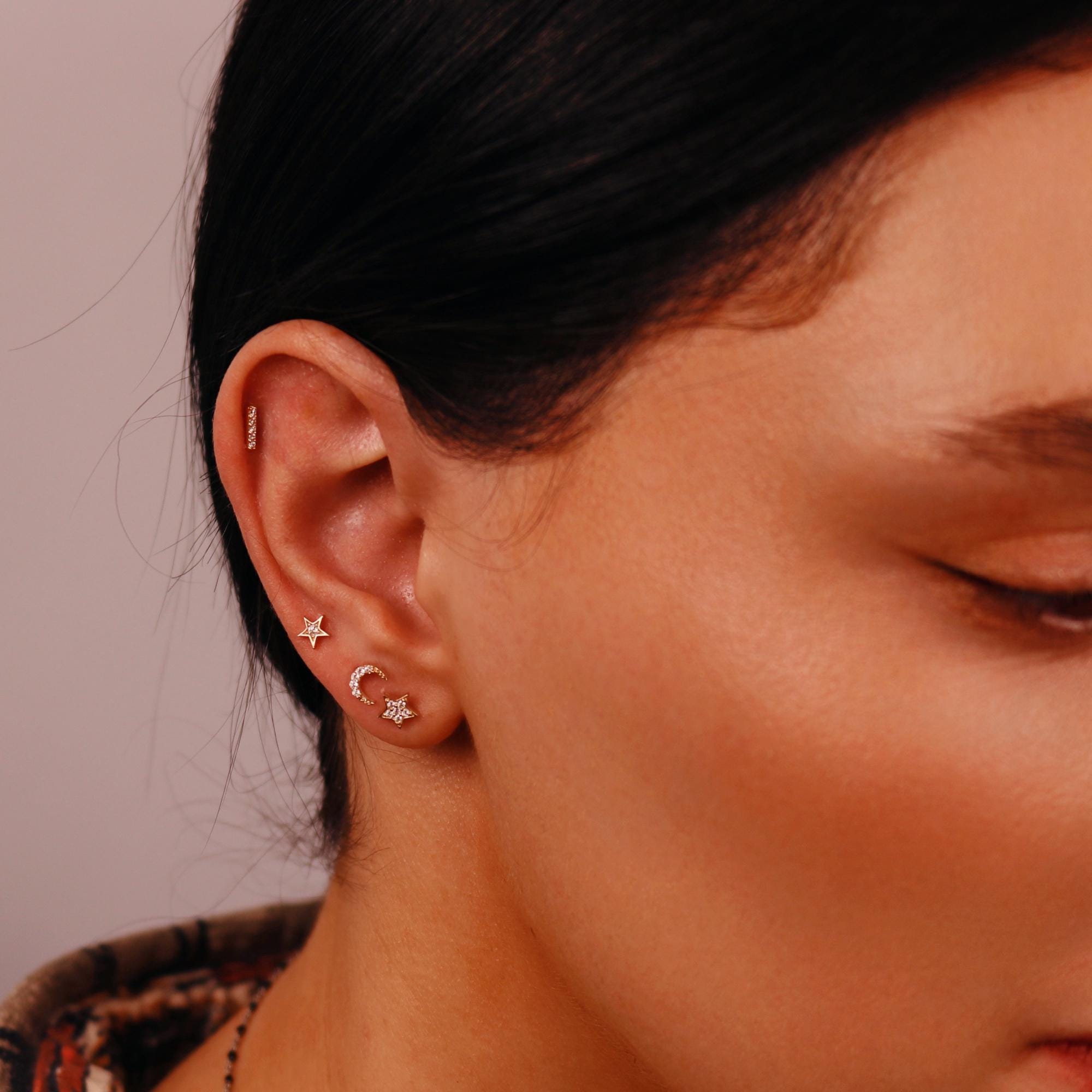 14k Solid Gold CZ Bar Flat Back Earrings, Internally Threaded Earrings Studs (SINGLE or PAIR) - Melt'm Jewelry