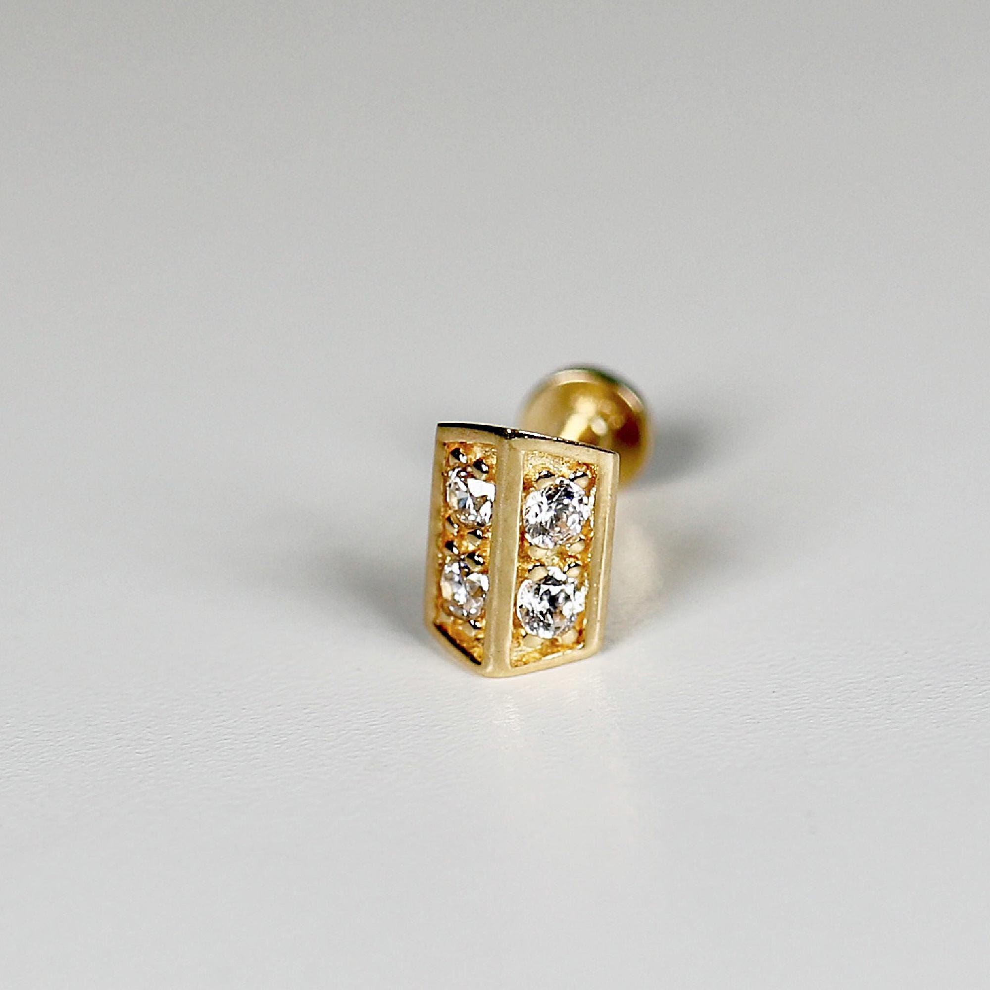CZ 3D Rectangle Shield Flat Back Earrings, Internally Threaded (SINGLE or PAIR) - Melt'm Jewelry