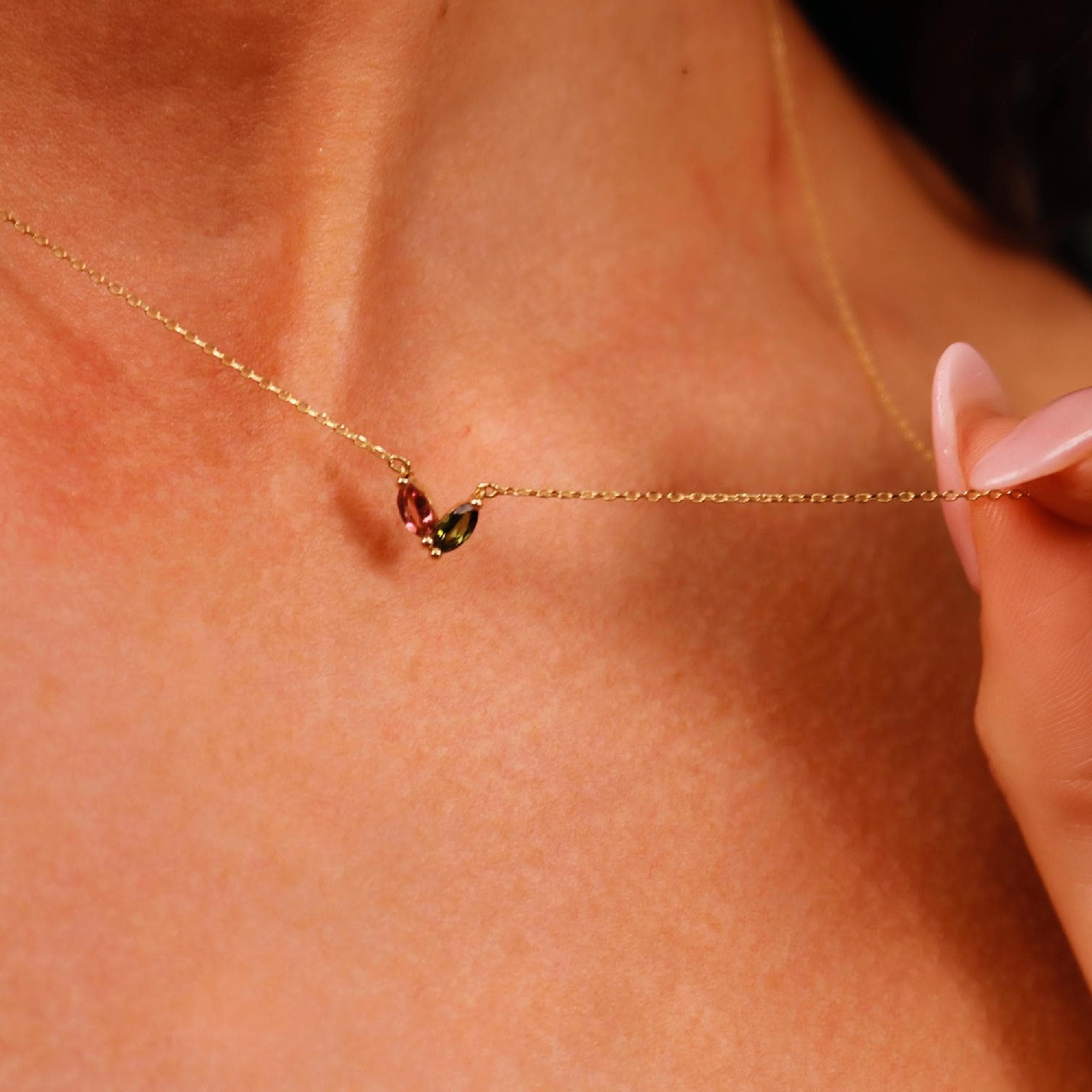 Marquise Pink Tourmaline and Green Tourmaline Necklace 14k Solid Gold - Melt'm Jewelry