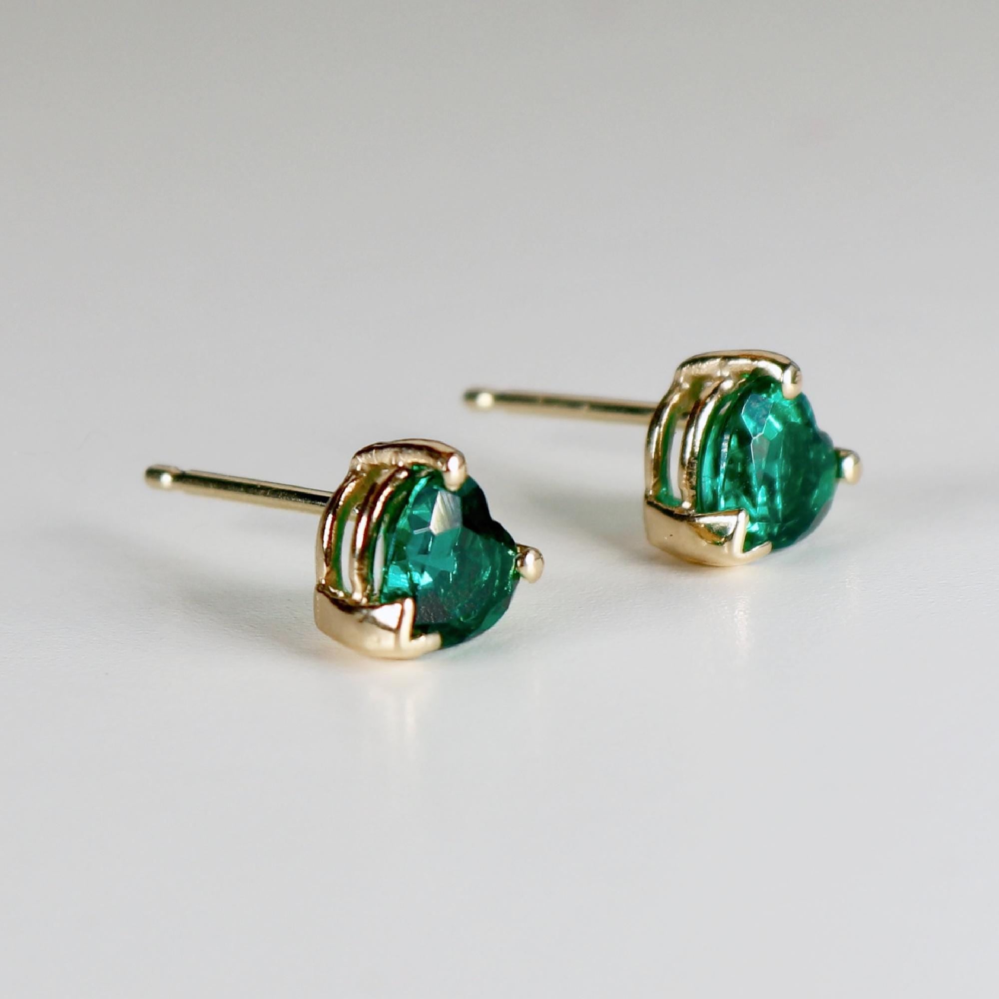 Heart Emerald Earrings 14k Solid Gold, Heart Emerald Stud Earrings - Melt'm Jewelry