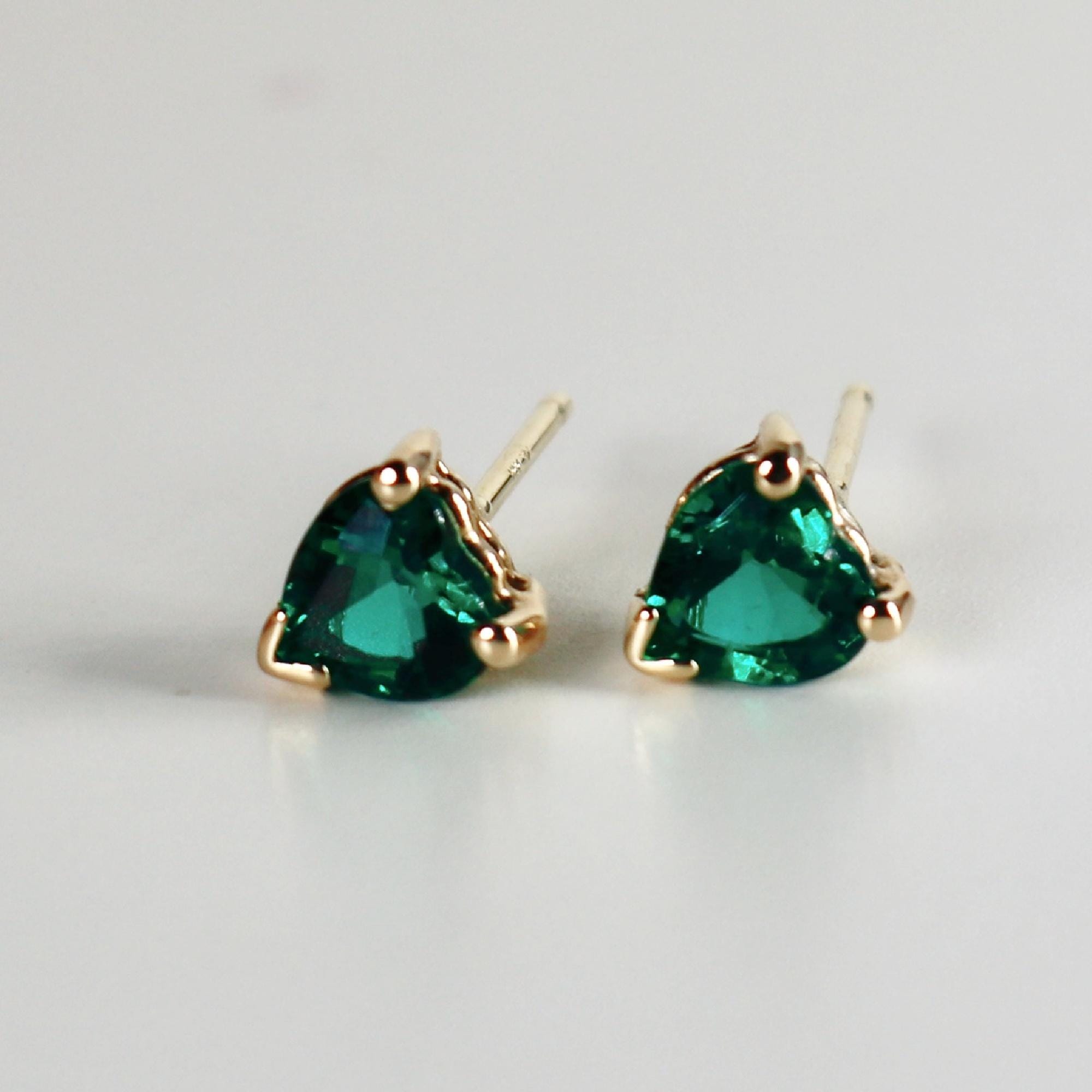 Heart Emerald Earrings 14k Solid Gold, Heart Emerald Stud Earrings - Melt'm Jewelry