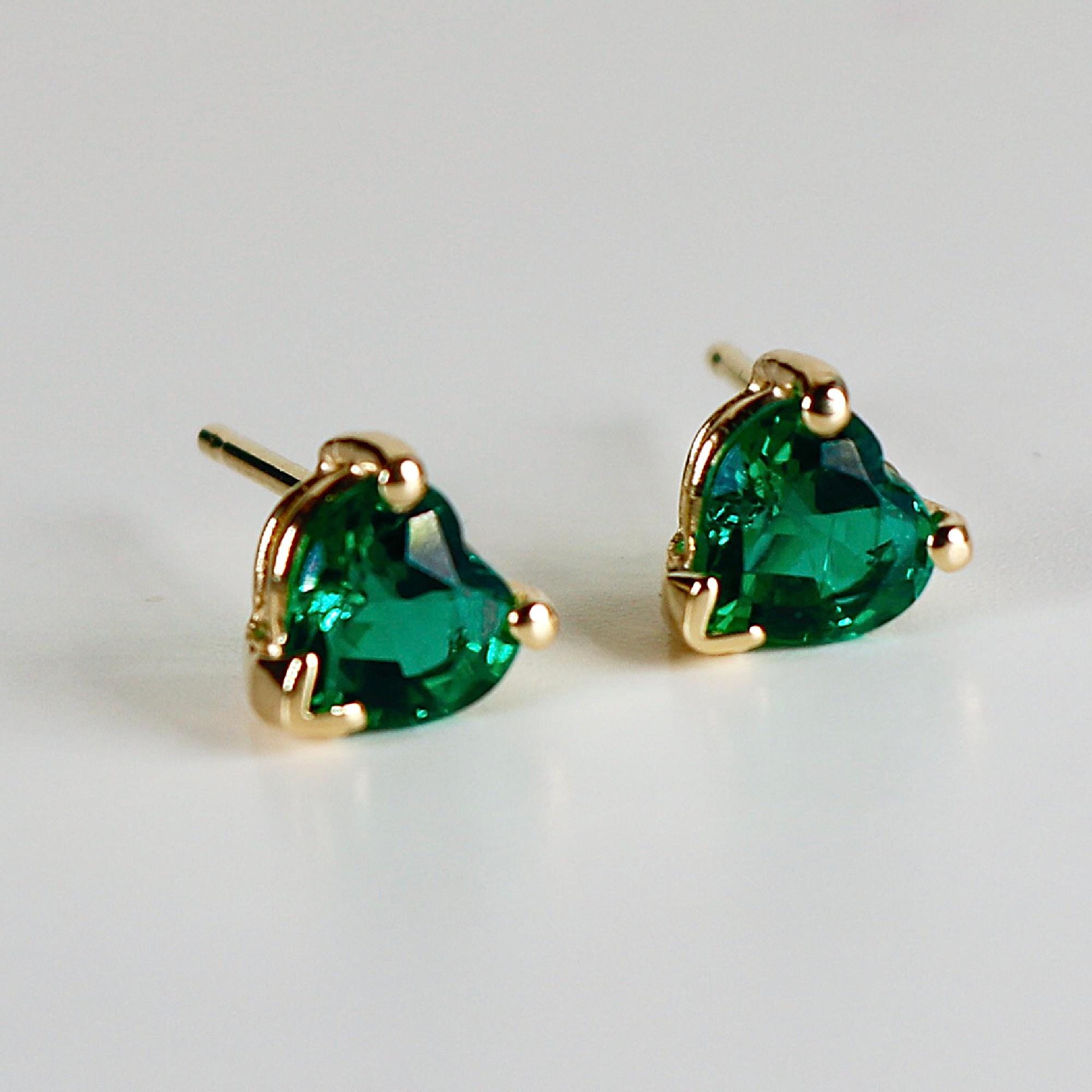 Heart Emerald Earrings 14k Solid Gold, Heart Emerald Stud Earrings - Melt'm Jewelry