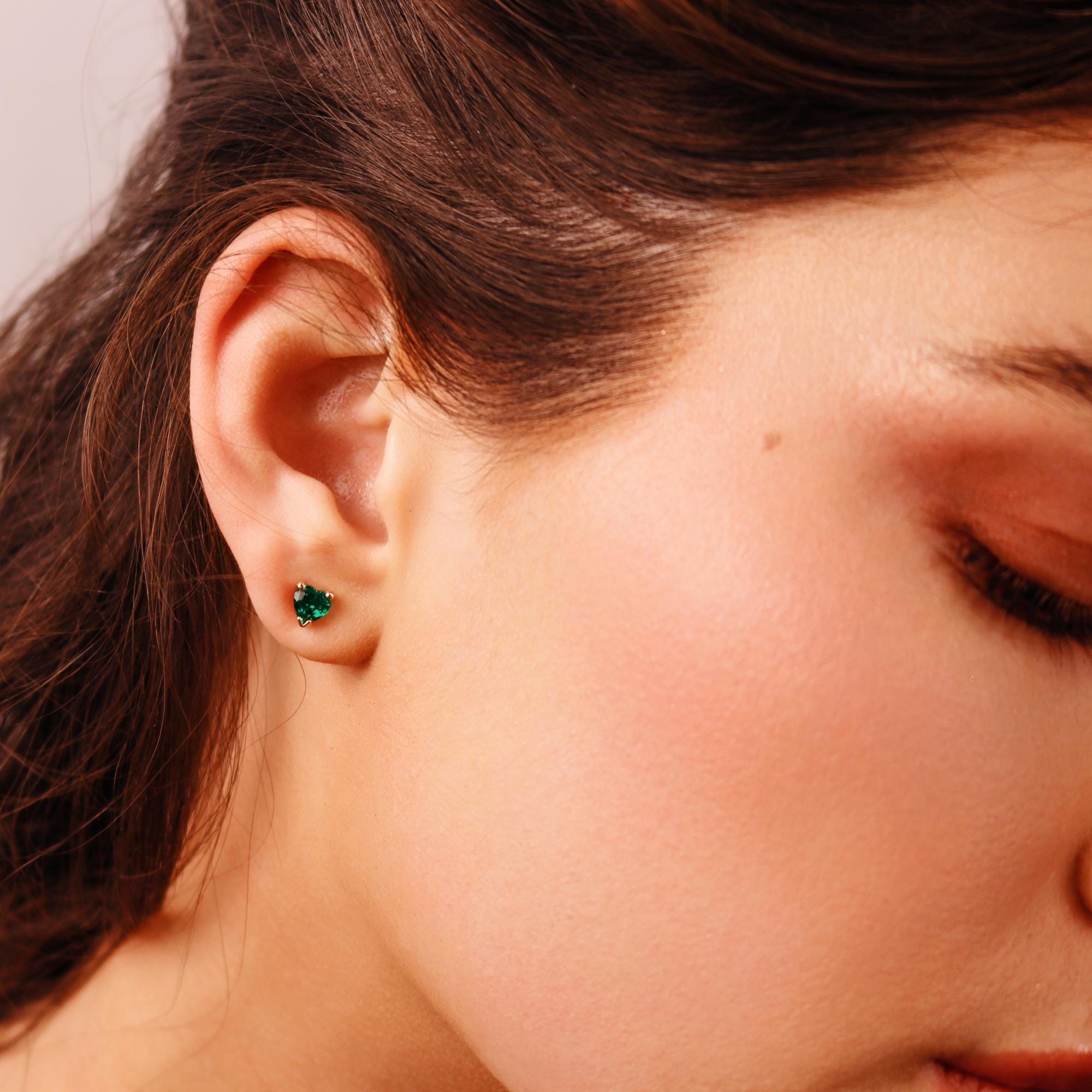 Heart Emerald Earrings 14k Solid Gold, Heart Emerald Stud Earrings - Melt'm Jewelry