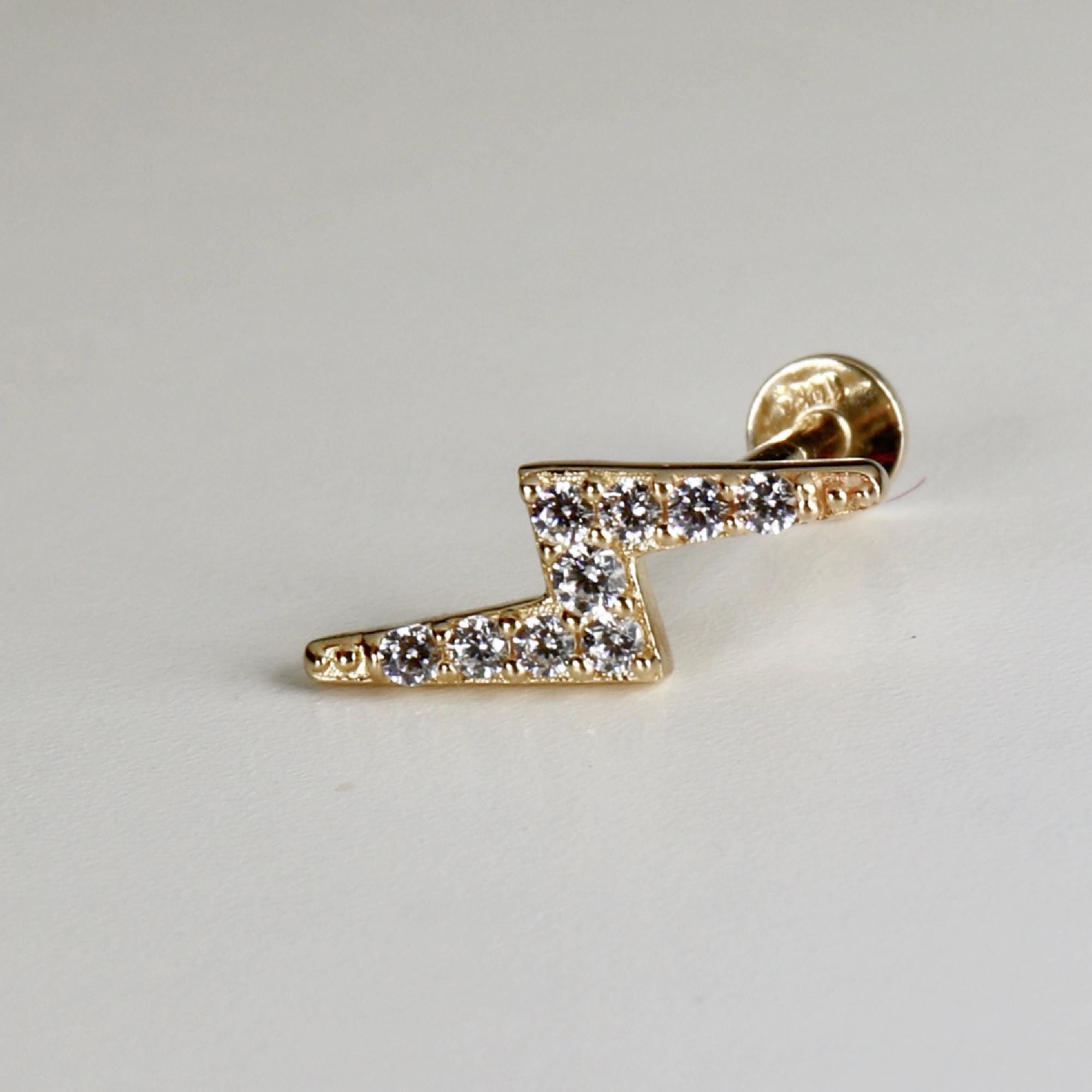 Lightning Bolt Flat Back Earring 14k Solid Gold, CZ Lightning Bolt Jewelry (SINGLE or PAIR) - Melt'm Jewelry