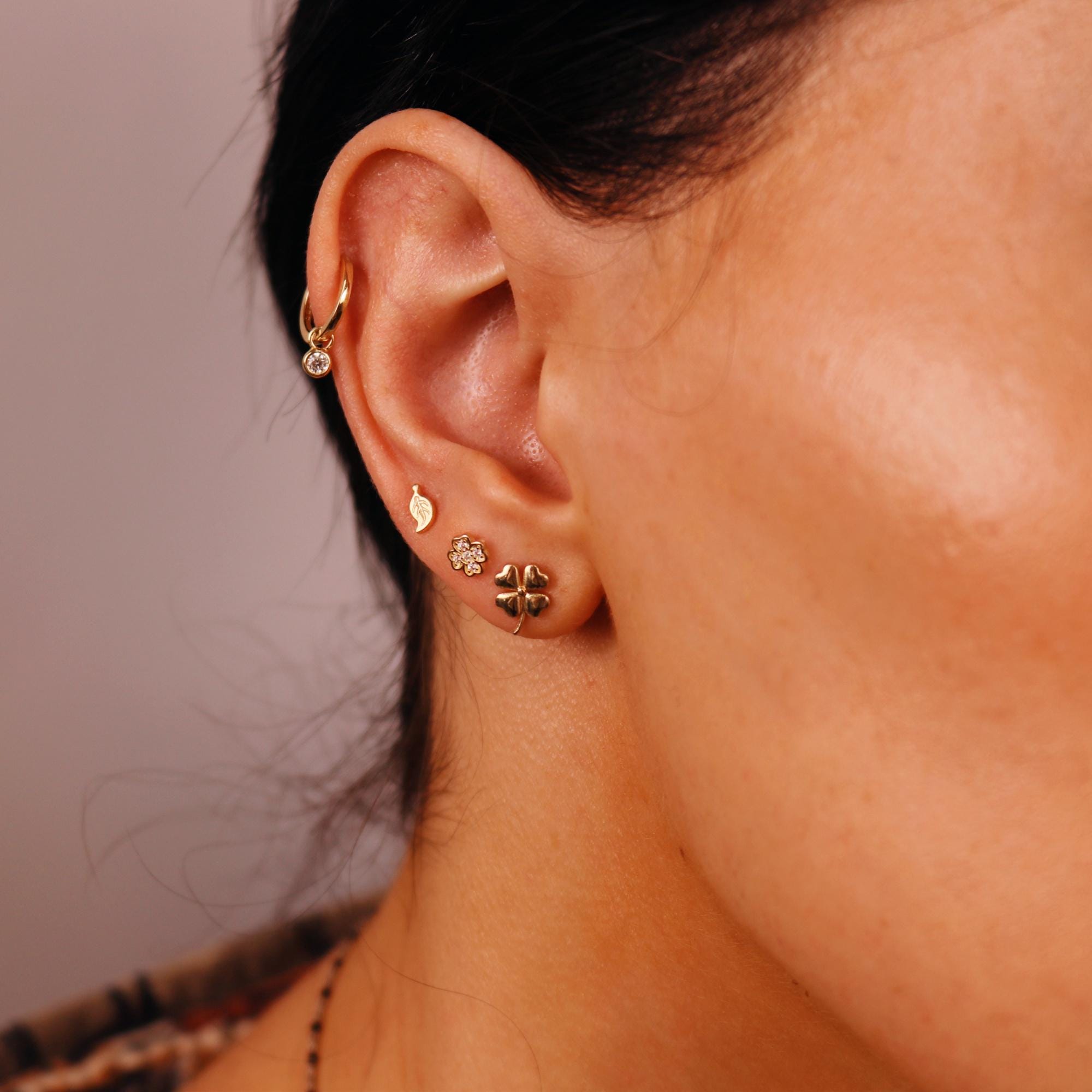 Four Leaf Clover Cz Flat Back Stud 14k Solid Gold, Luck Symbol Stack Earring - Melt'm Jewelry