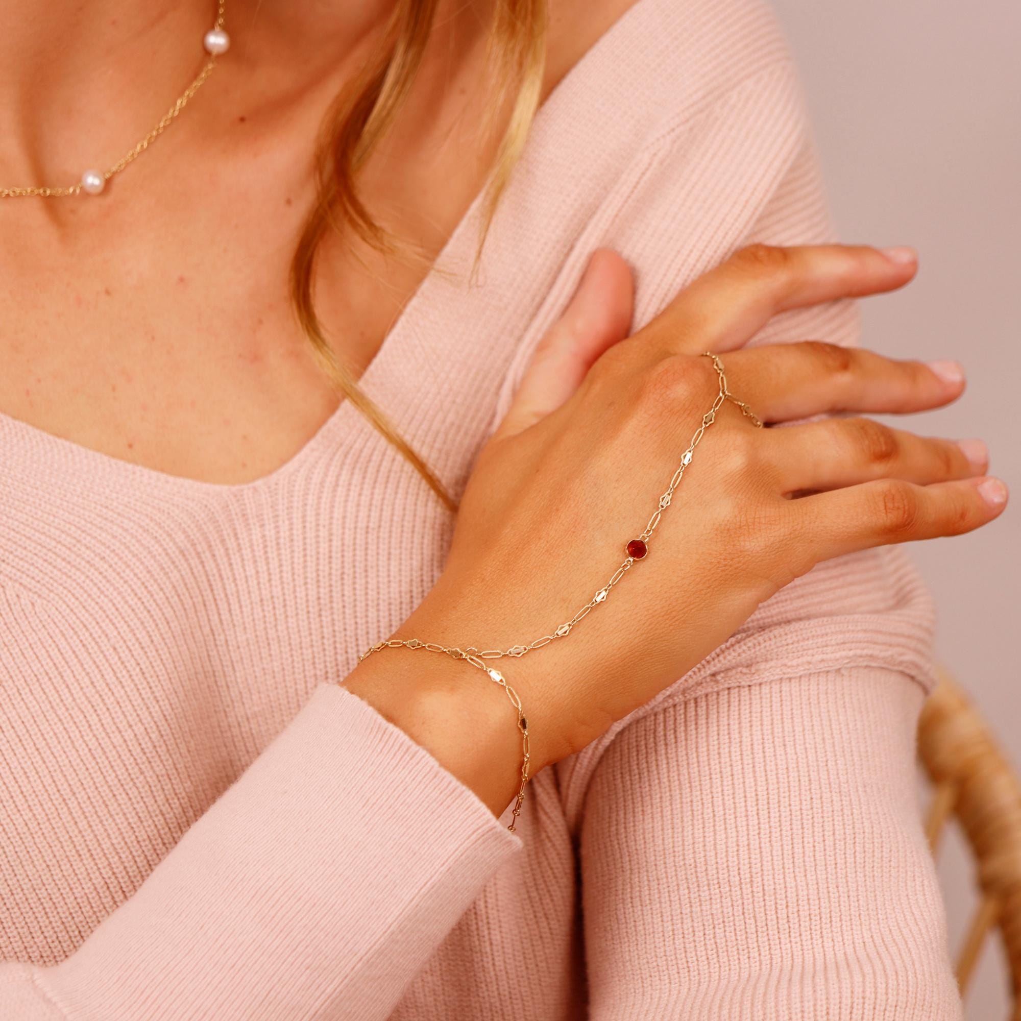 Gold Slave Bracelet, Garnet Hand Chain Bracelet, Round Garnet Hand Ring, Gold Handlet Bracelet, Gemstone Hand Chain, Gift for Her