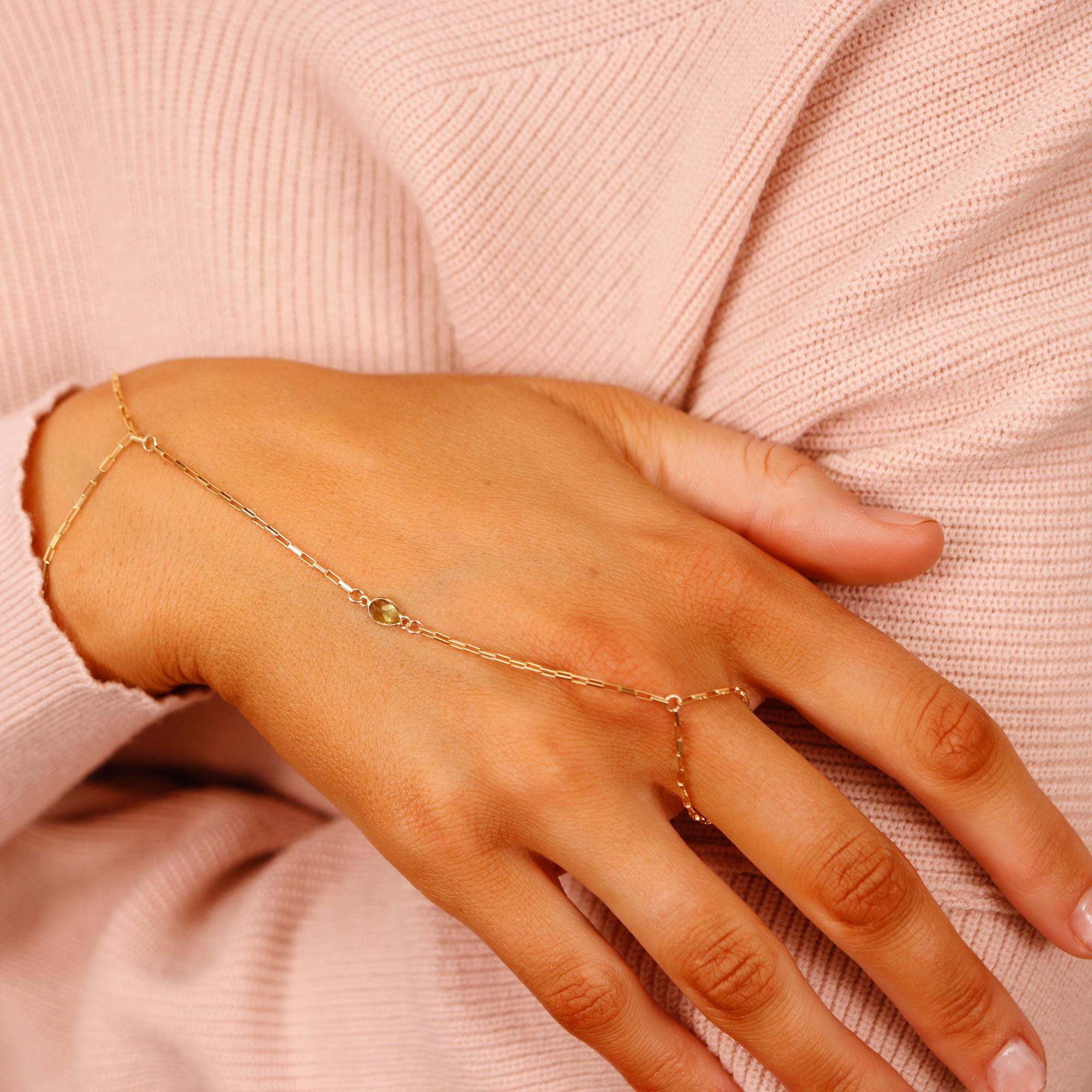 Dainty Gold Slave Bracelet, Peridot Hand Chain Bracelet - Melt'm Jewelry