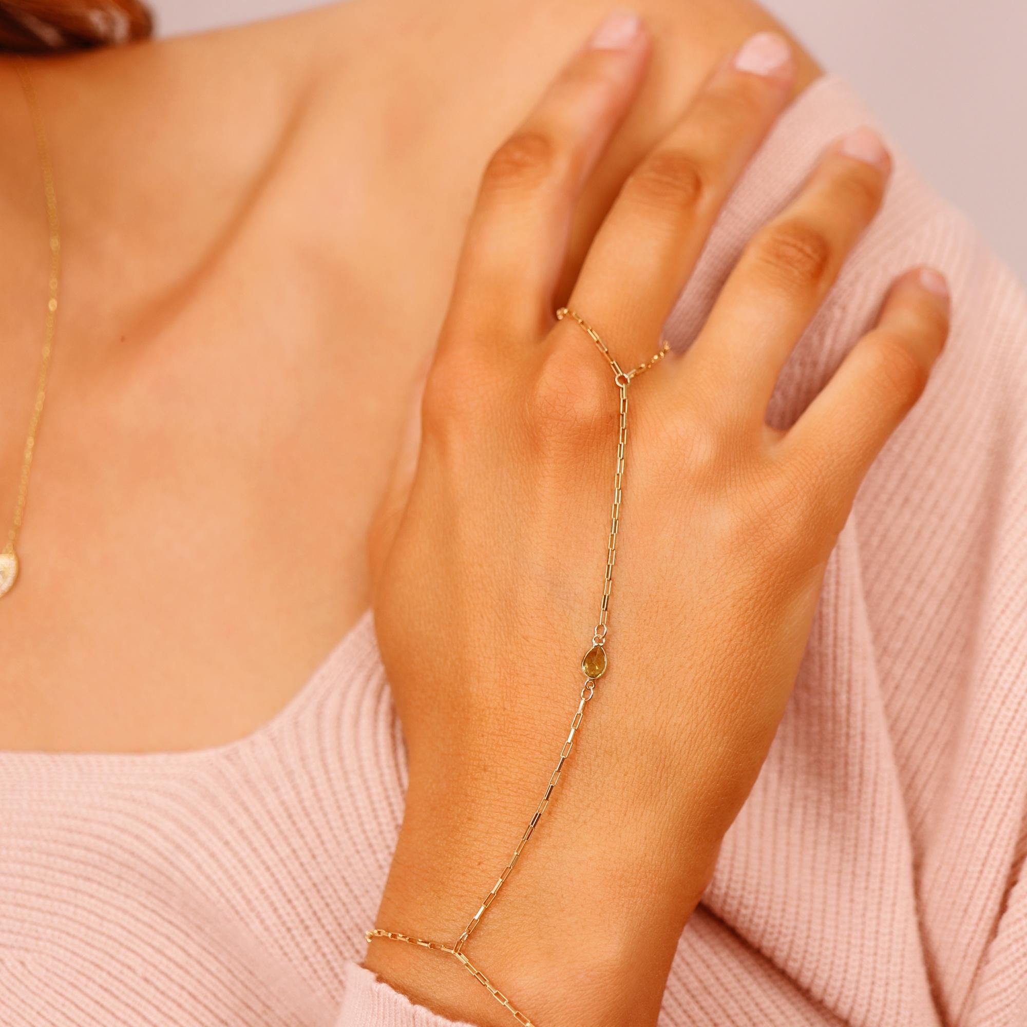 Dainty Gold Slave Bracelet, Peridot Hand Chain Bracelet - Melt'm Jewelry