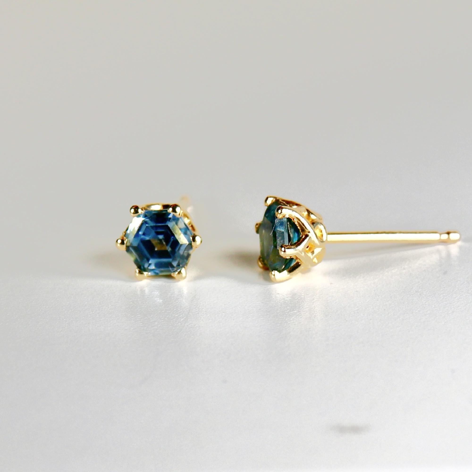 Hexagon Montana Sapphire Earrings 14k Gold, Solid Gold Sapphire Stud Earrings, Montana Sapphire Bridal Earrings, Wedding Jewelry