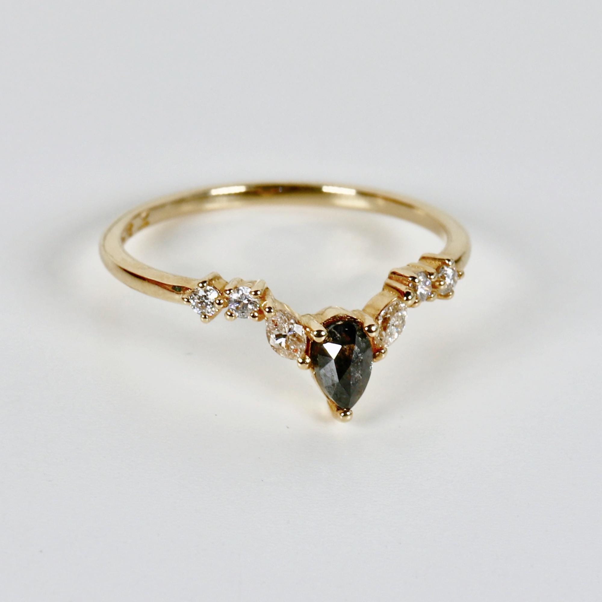Rose Cut Pear Shape Salt and Pepper Diamond Ring 14k Yellow Gold - Melt'm Jewelry