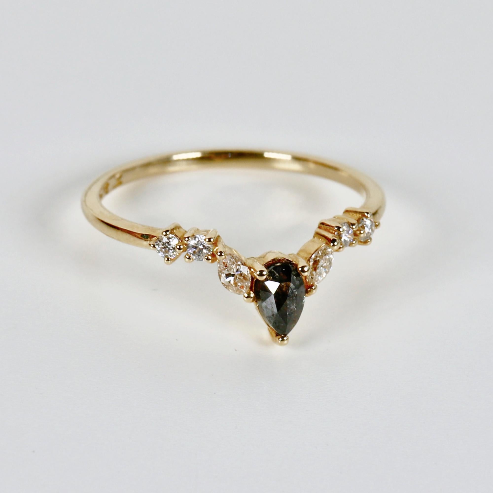 Rose Cut Pear Shape Salt and Pepper Diamond Ring 14k Yellow Gold - Melt'm Jewelry