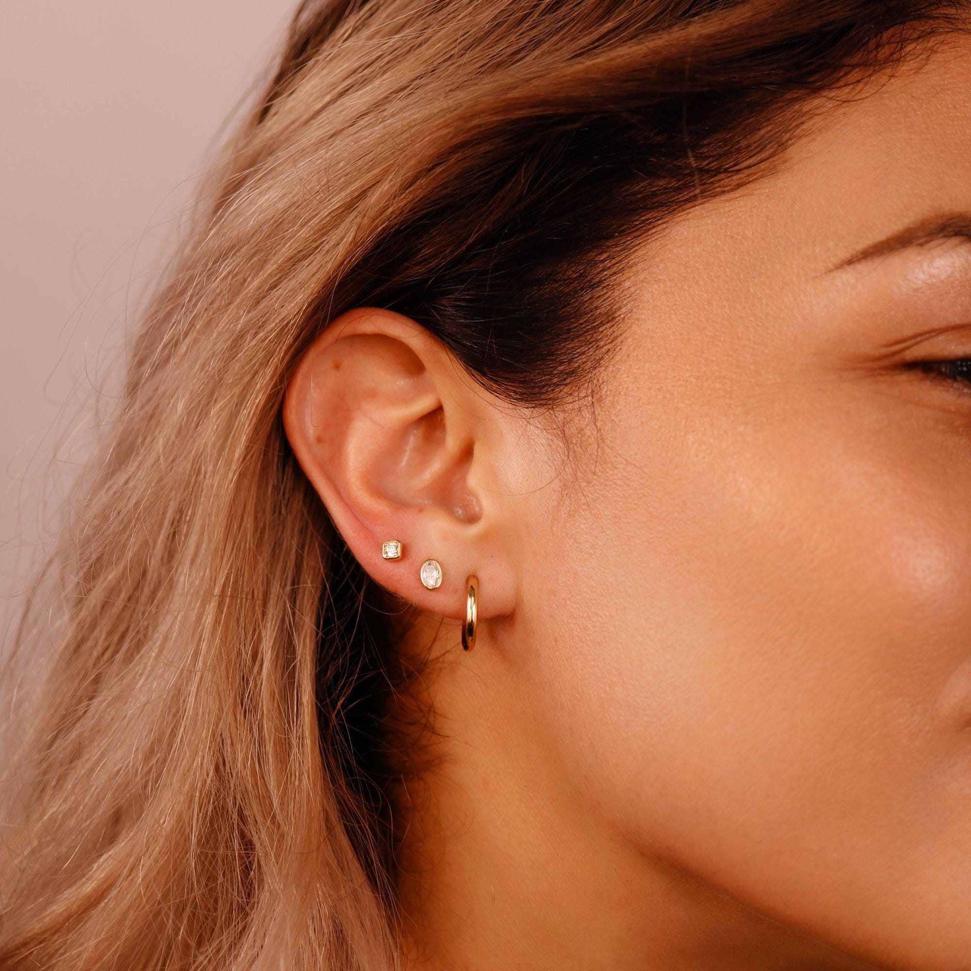 Cz Square Flat Back Earrings 14k Solid Gold, Internally Threaded Earrings (SINGLE or PAIR)