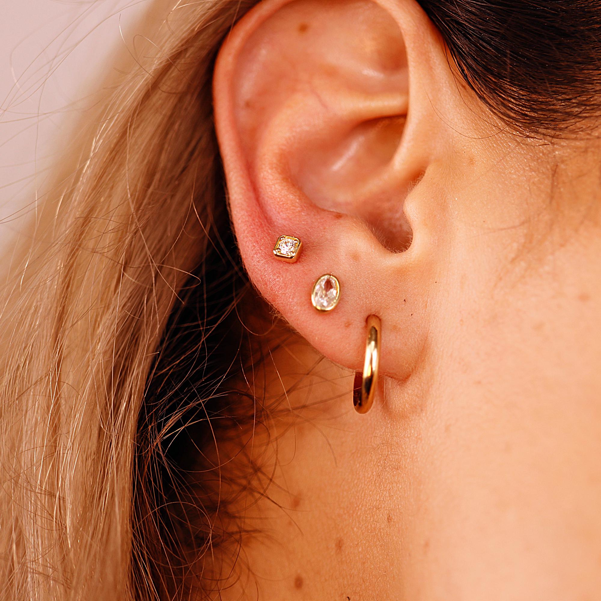 Cz Square Flat Back Earrings 14k Solid Gold, Internally Threaded Earrings (SINGLE or PAIR)