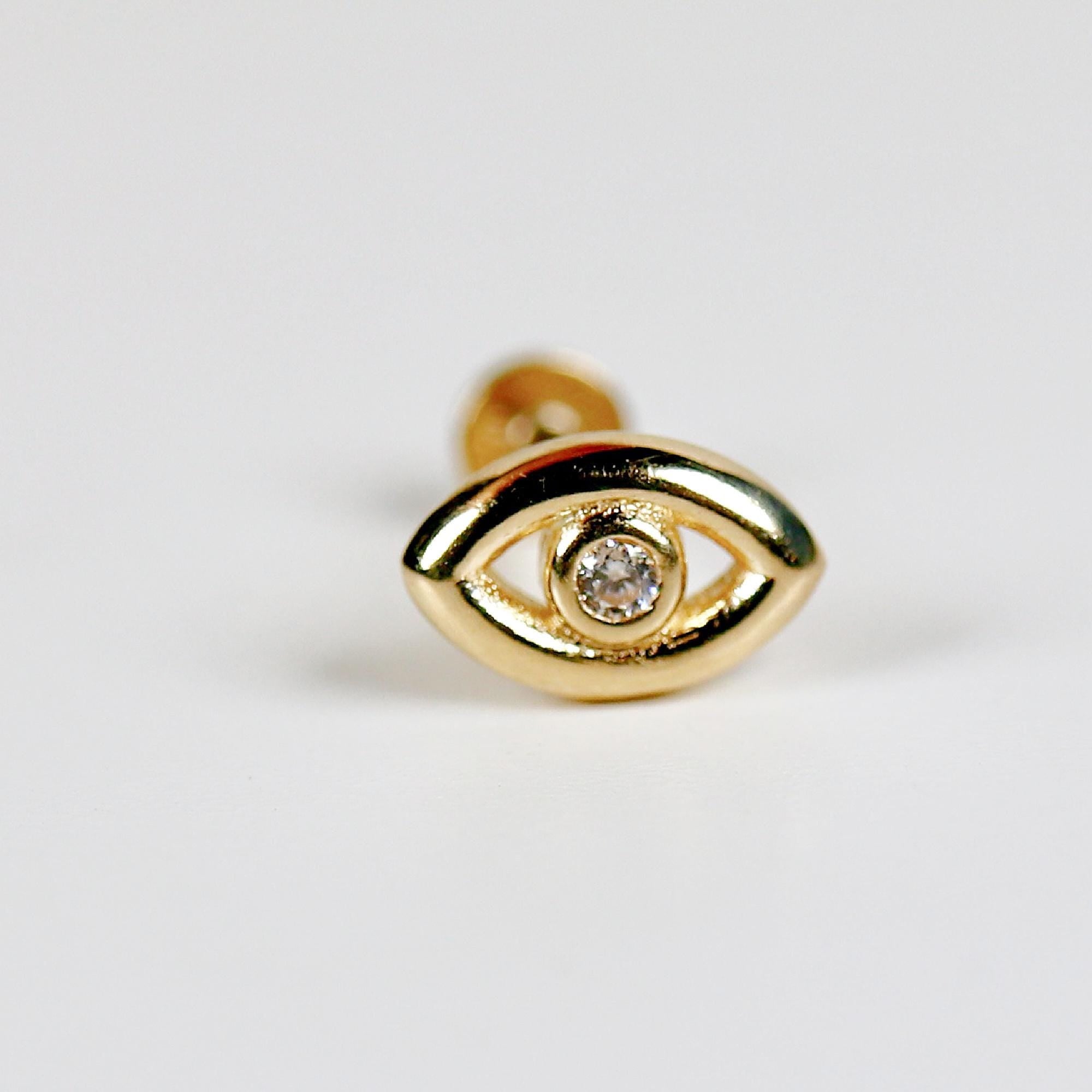 Evil Eye Flat Back Earrings 14k Solid Gold, Luck Symbol Stack Earrings