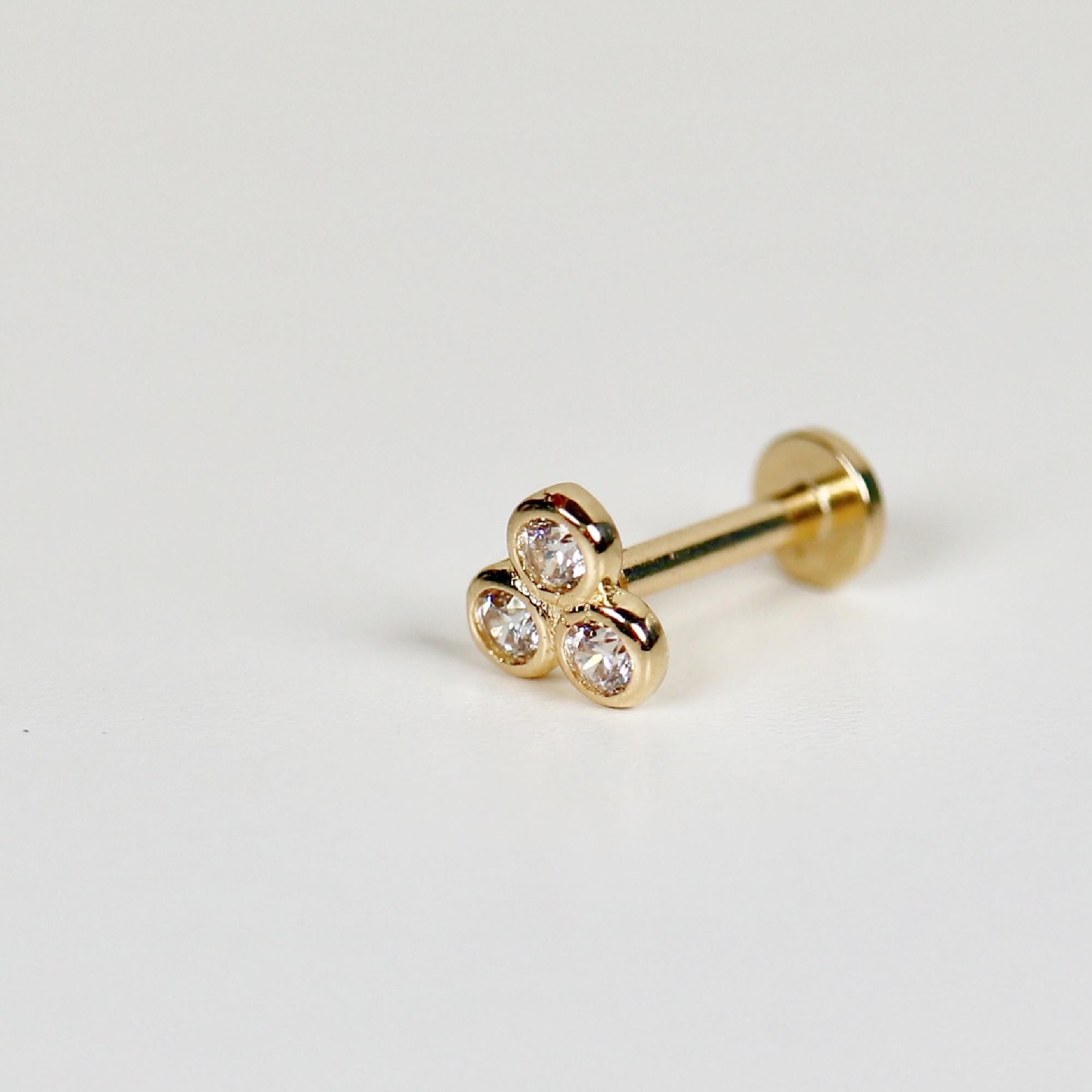 Three CZ Diamond Threaded Labret Studs Earrings 14k Solid Gold (SINGLE) - Melt'm Jewelry