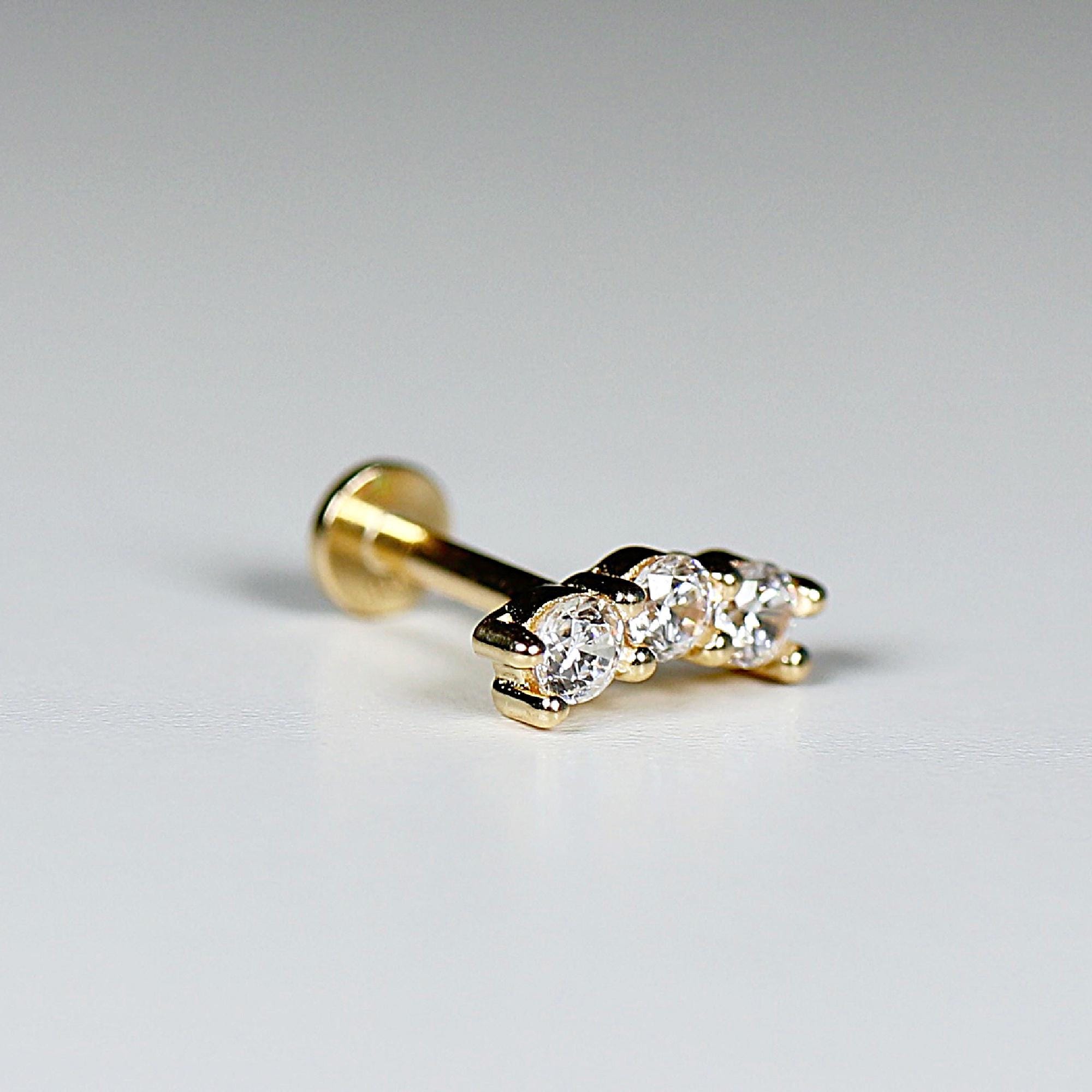 Three Stone Bar Ear Piercing 14k Solid Gold, Flat Back Earrings (SINGLE or PAIR) - Melt'm Jewelry