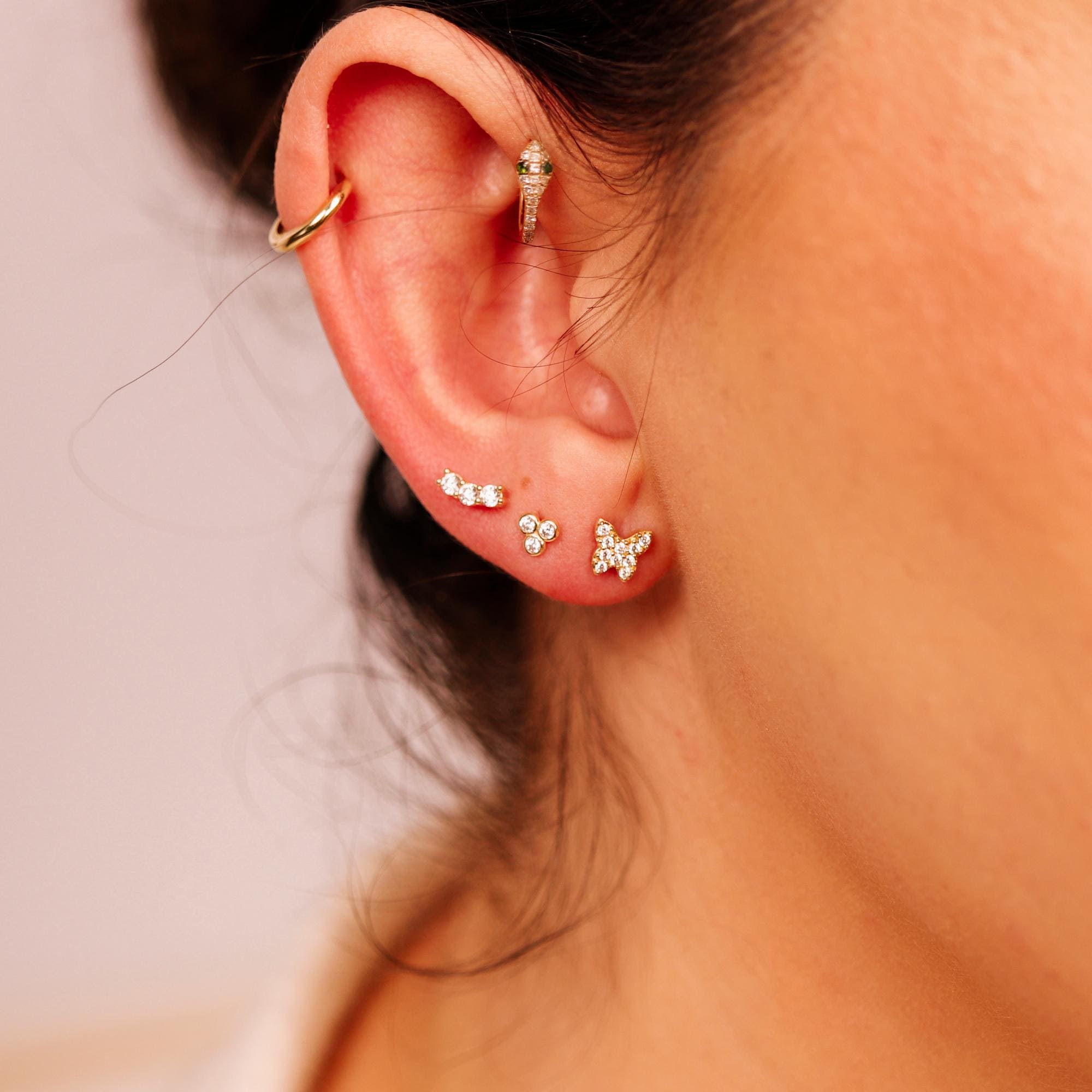 Three Stone Bar Ear Piercing 14k Solid Gold, Flat Back Earrings (SINGLE or PAIR) - Melt'm Jewelry