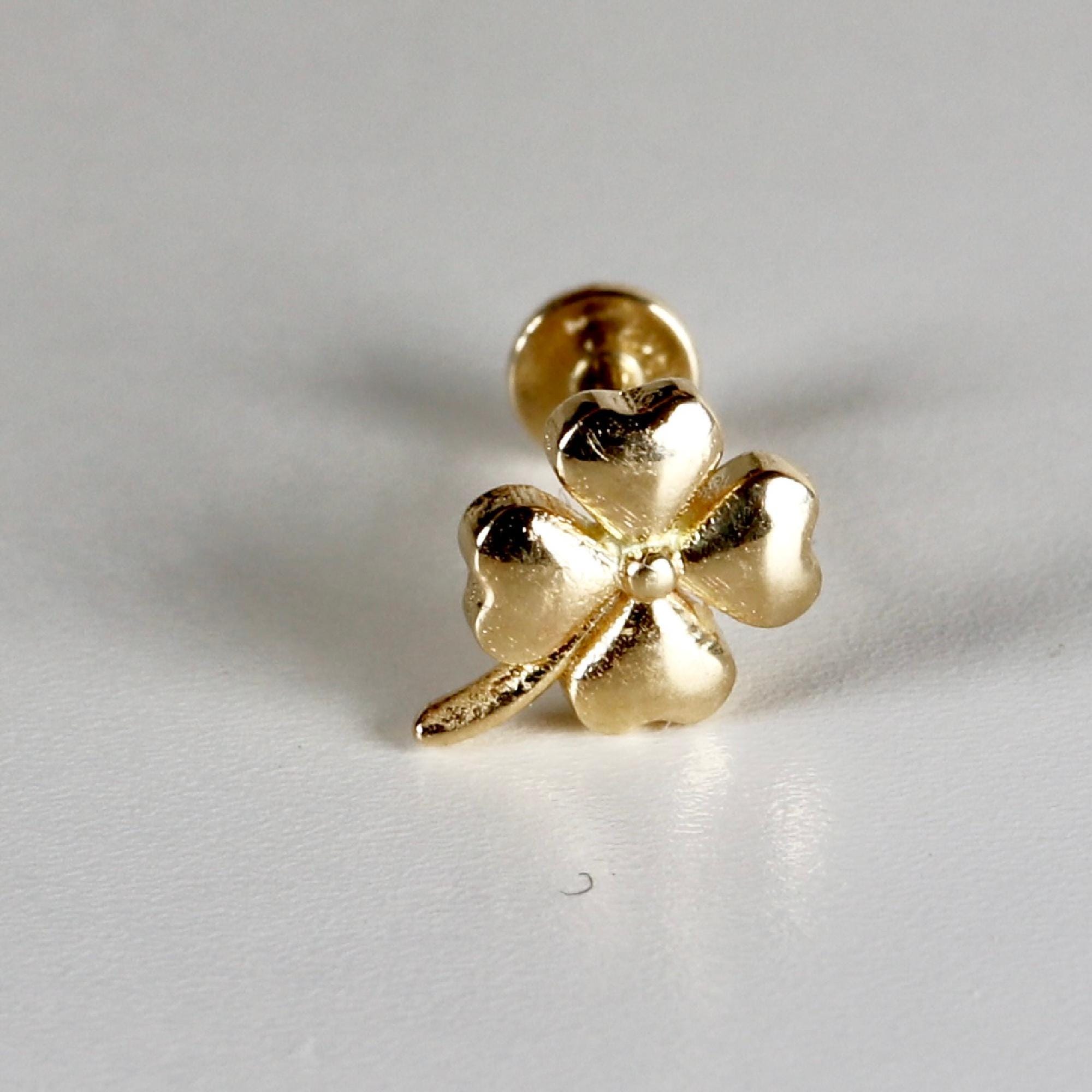Four Leaf Clover Flat Back Stud 14k Solid Gold, Luck Symbol Stack Earrings - Melt'm Jewelry