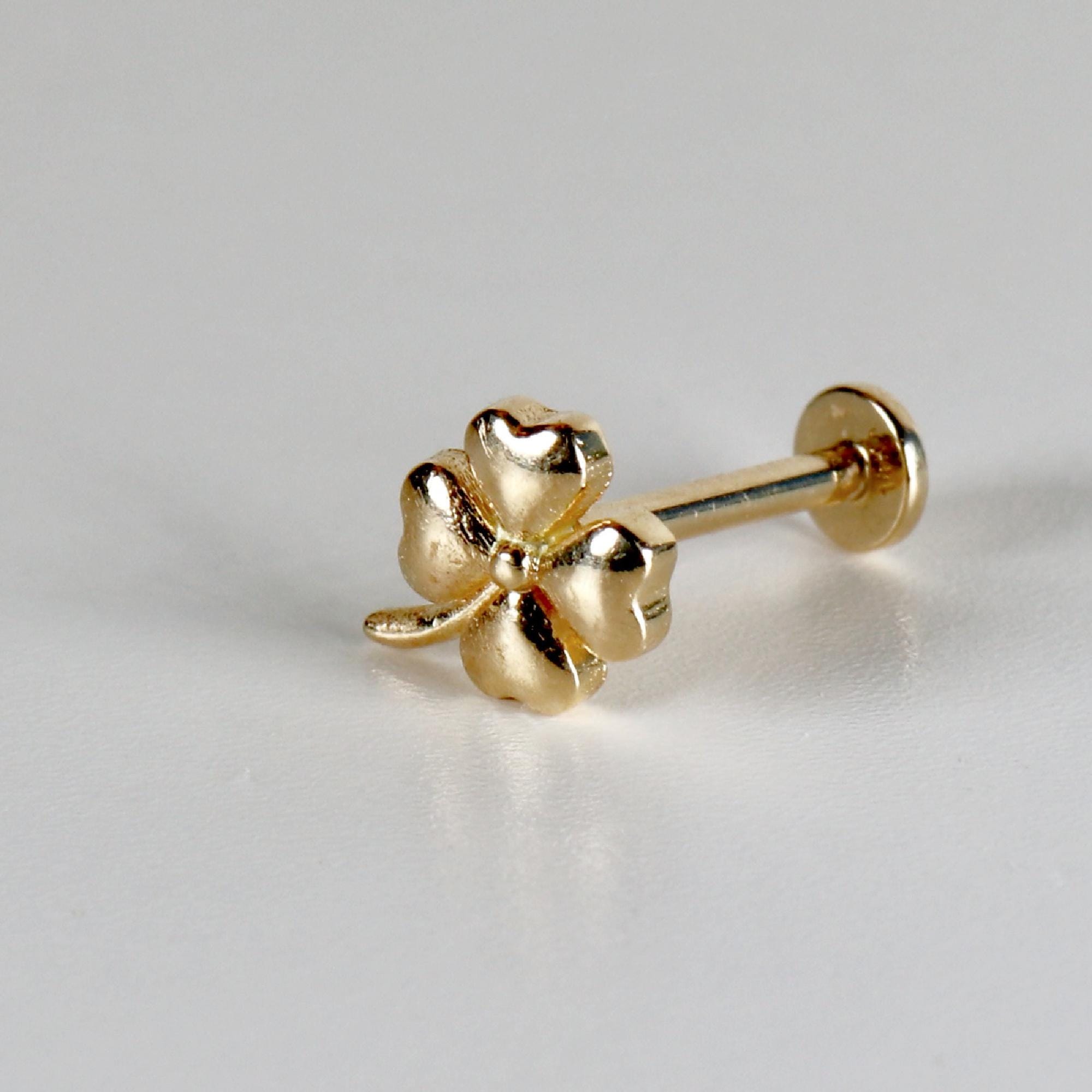 Four Leaf Clover Flat Back Stud 14k Solid Gold, Luck Symbol Stack Earrings - Melt'm Jewelry